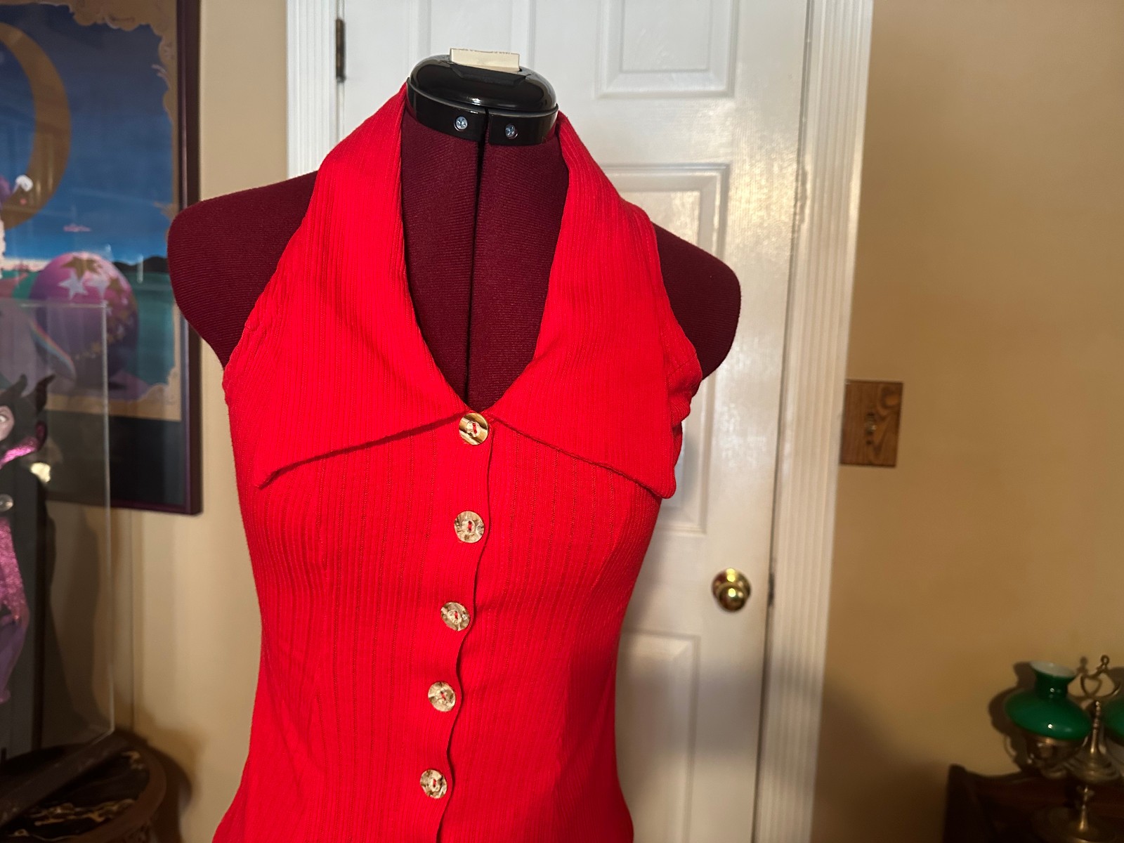 Vintage 100% Cotton Womens Button Front Maxi Dress Red Classic Sundress XS
