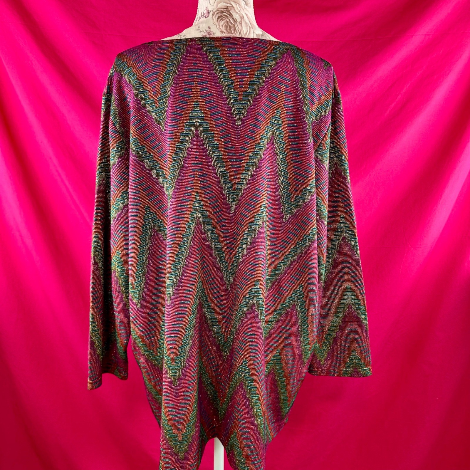 Metallic Vintage 80s 90s Chevron Knit Tunic Top Pink Sparkle 3X Holiday Glam