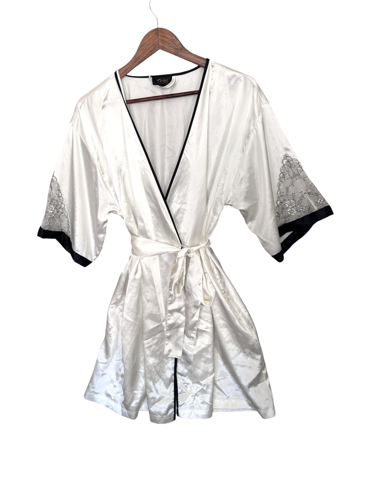 Vintage Ivory Satin Black Lace Kimono Robe with White Rose, Small Size