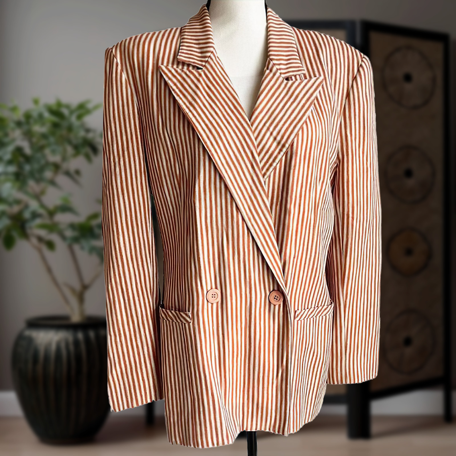 Vintage 80s 9Os CARLO MODA Oversize Boxy Blazer Orange White Stripe Lined Sz 10