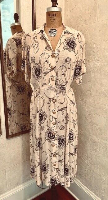 Vintage 40s Linen Rayon Crepe Floral Novelty Print Art Deco Dress M