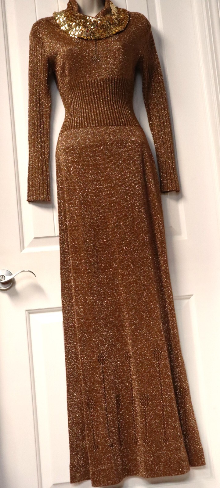 Vintage 1970s Wenjilli Glam Lurex Knit Sparkling Copper Maxi Dress size 7/8