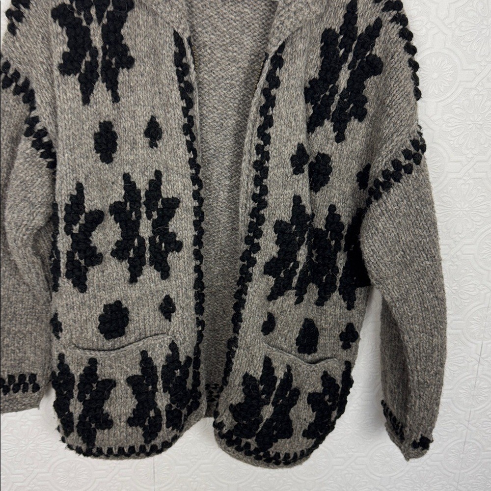 Vintage Otavalo 100% Wool Hand Made Ecuador Cardigan Sweater Zip Front Gray