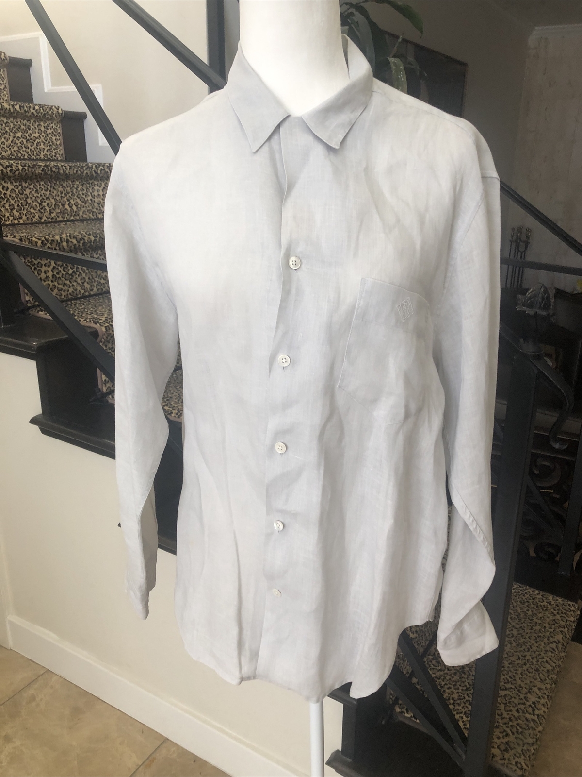 Ralph Lauren Blue Label 80s dove grey linen man tailored blouse monogram 12