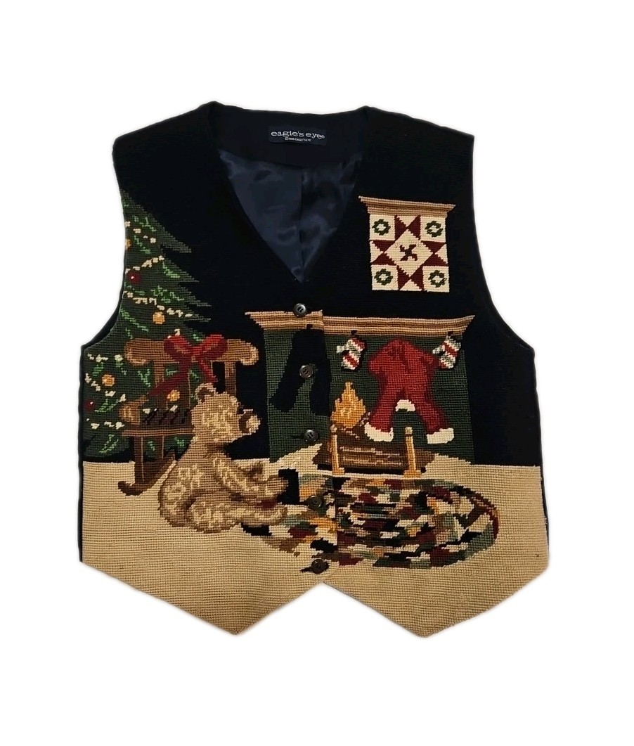 VTG 90s Eagles Eye Wool Needlepoint Blue Christmas Vest Holiday Festive Sz M