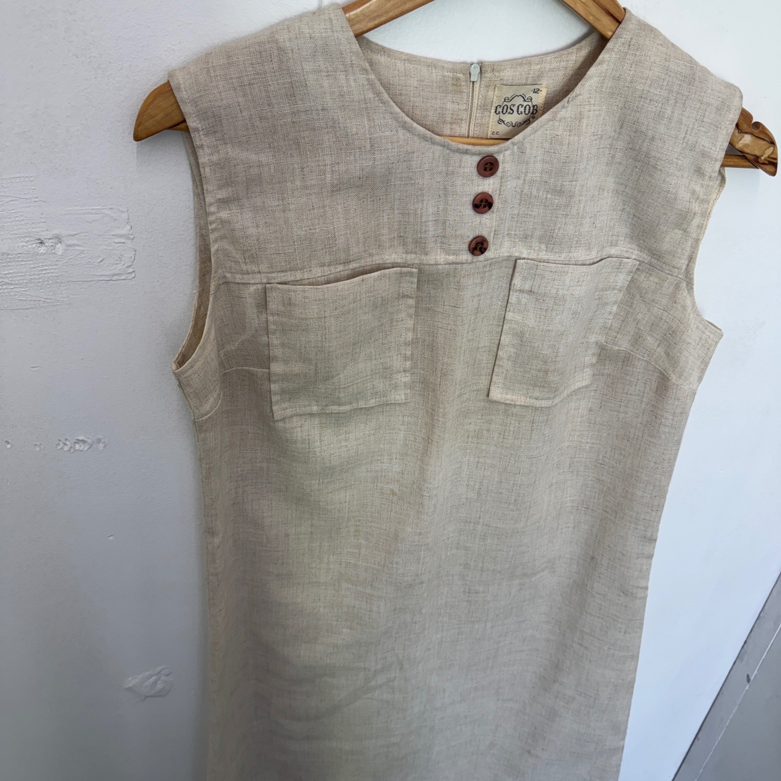 Vintage Cos Cob Womens Beige Sleeveless Shift Dress Mod Button Detail Size 12