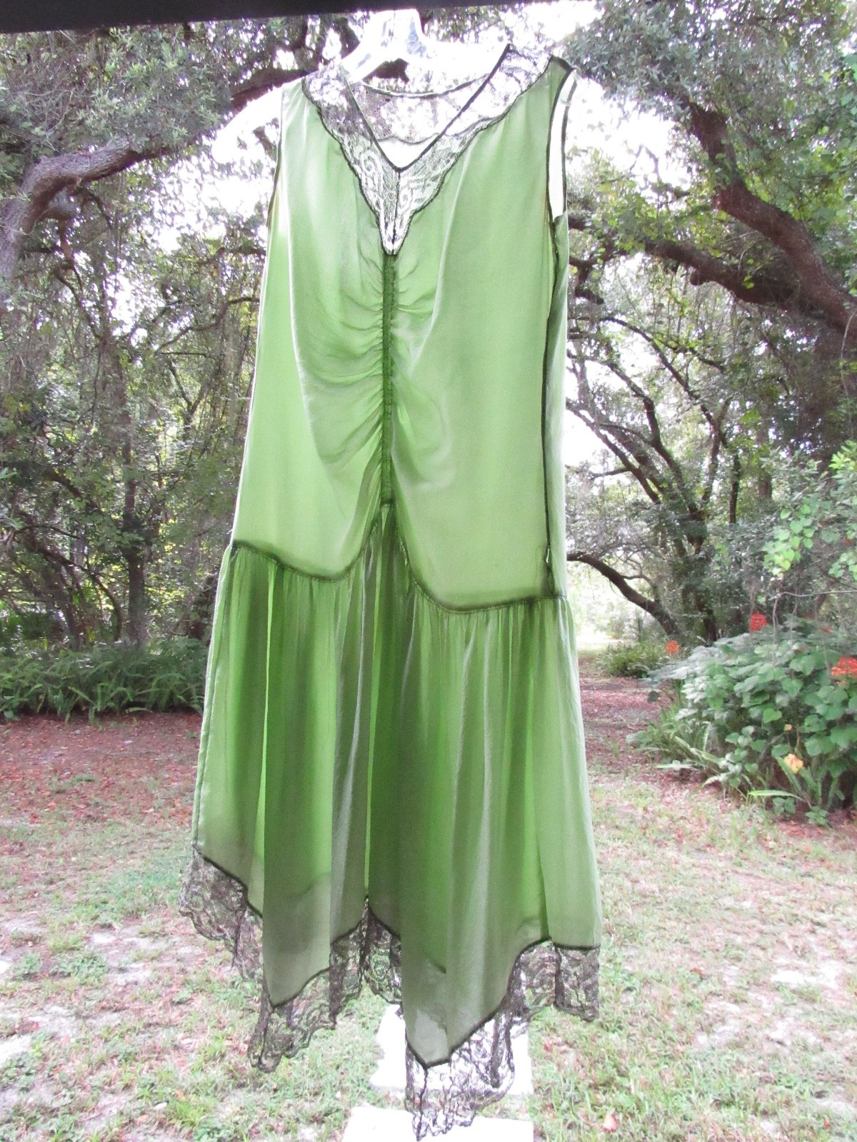 ROMANTIC 20s 30s SILK FLAPPER lace green Art Deco Dress fairy VTG whimsigoth S