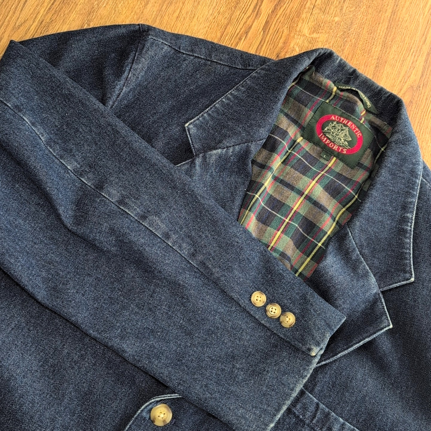 90s Authentic Imports Coat Women’s L Blue Denim Flannel Lined Leather Collar VTG