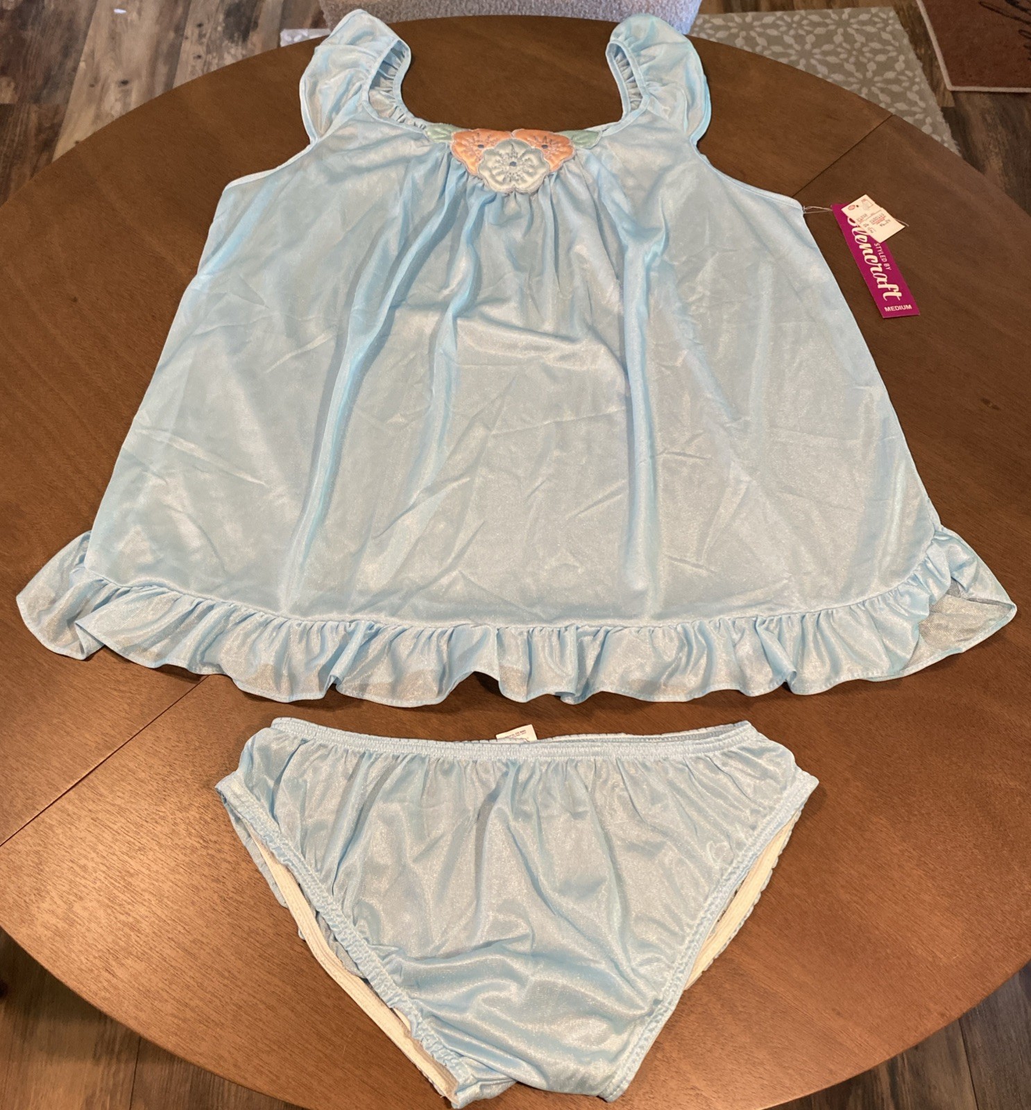 VTG Blue Nylon Babydoll Ruffled Nightie Granny Pantie Set NOS Sz.M (Lg. Panty)