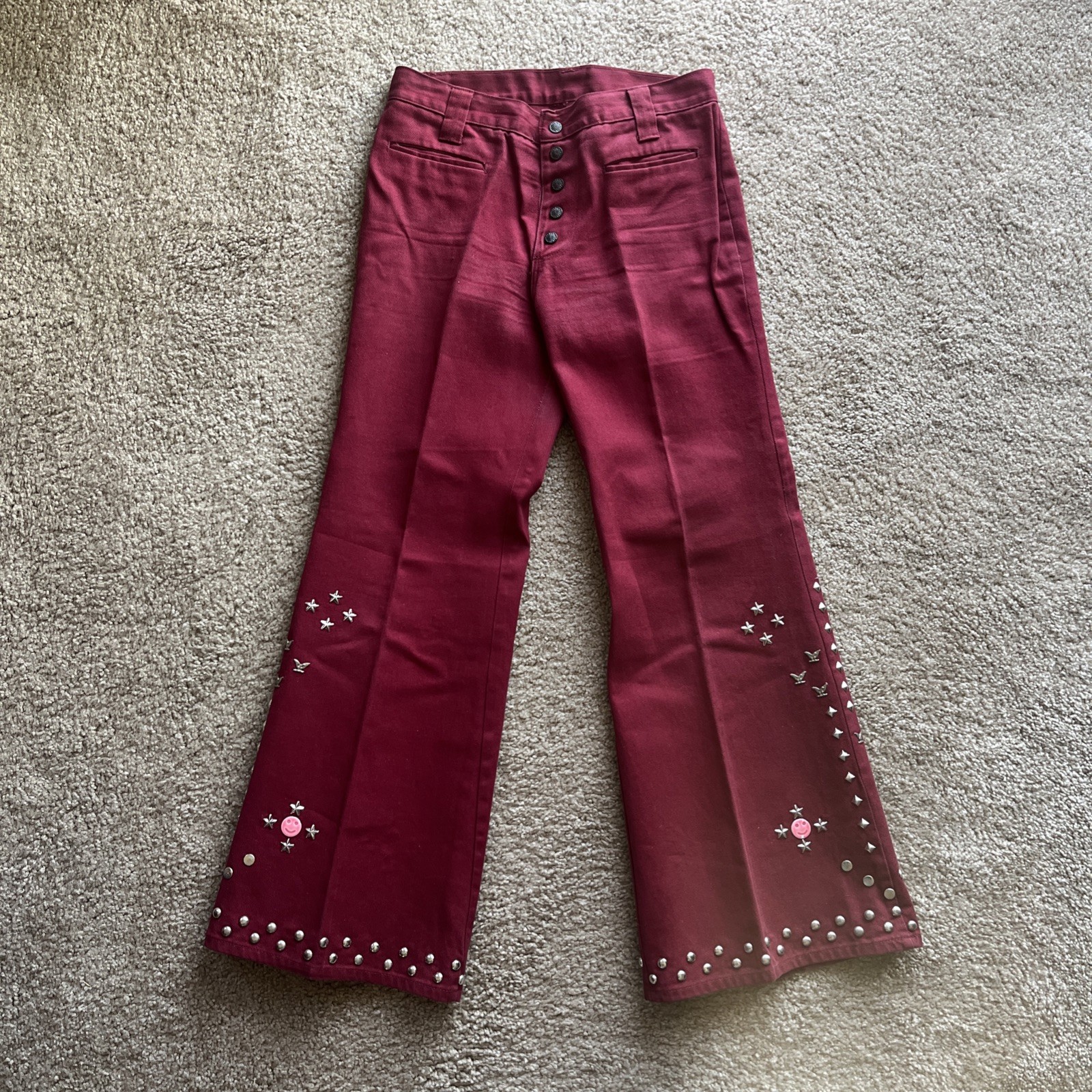 Vintage Red Denim Flare Pants Studded 1970s Y2K Womens 30×30 Bell Bottom