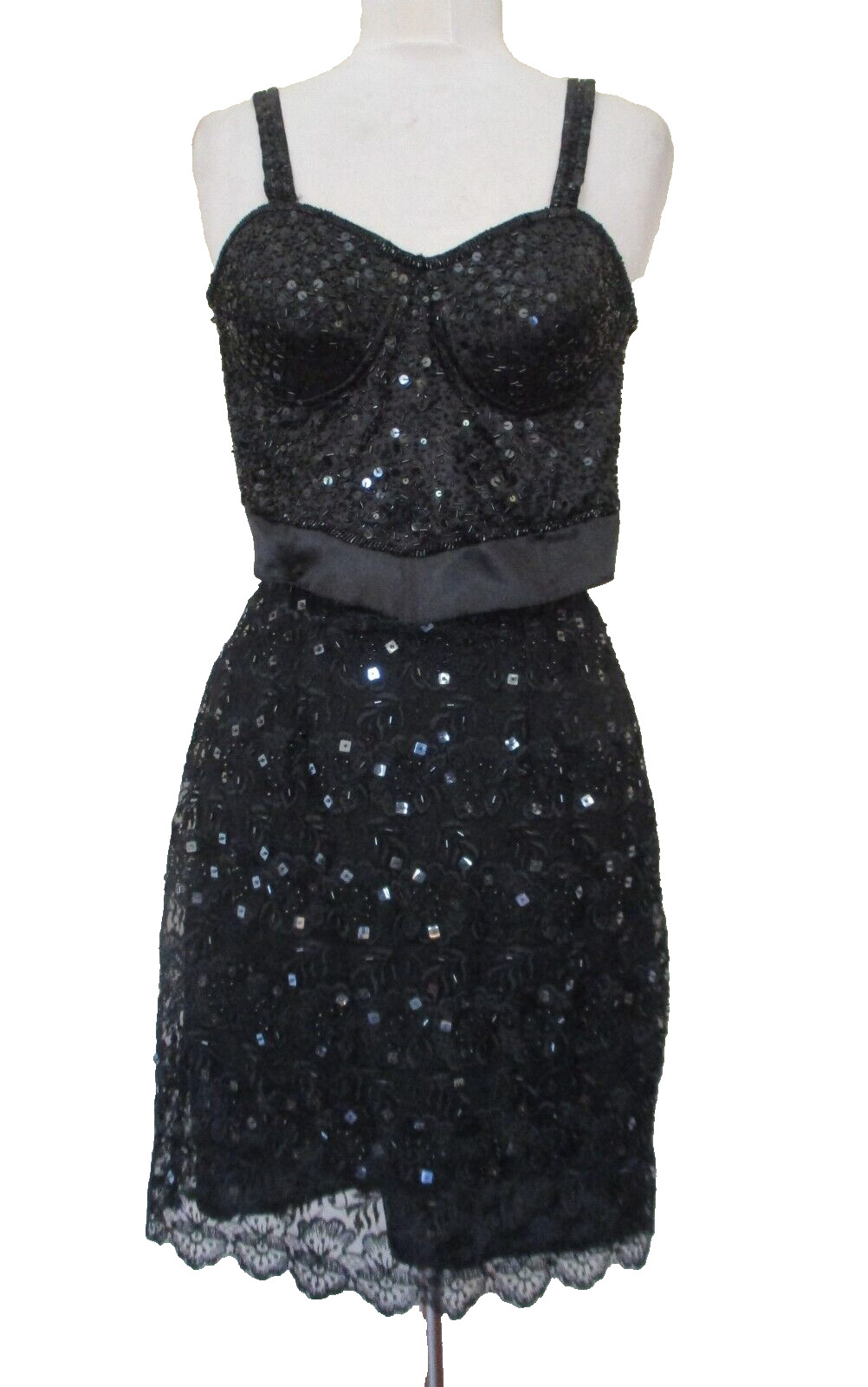Vintage Surya 3 pc Skirt Outfit Set S/M Women Black Sequin Lace Bustier Top