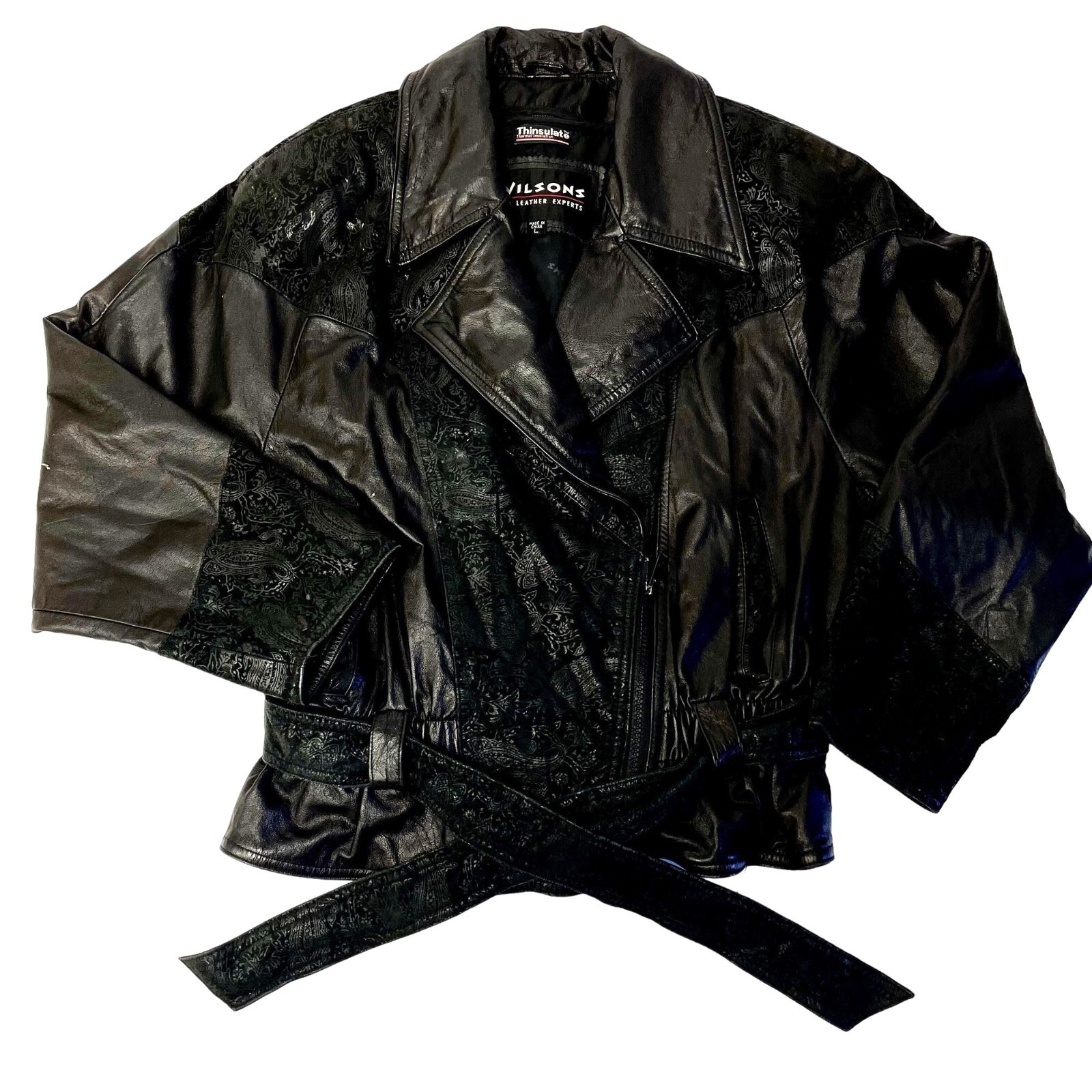 Vtg 90’s Wilsons Black Leather Bomber Motorcycle Biker BELTED Thinsulate Jacket