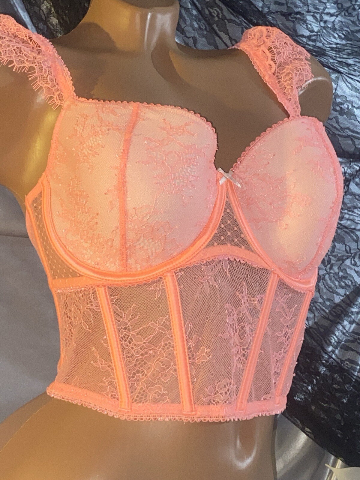 VTG DD S/M 36/38 VS Neon Orange Frilly Corset FRILLY Bra CORSET BUSTIER TOP
