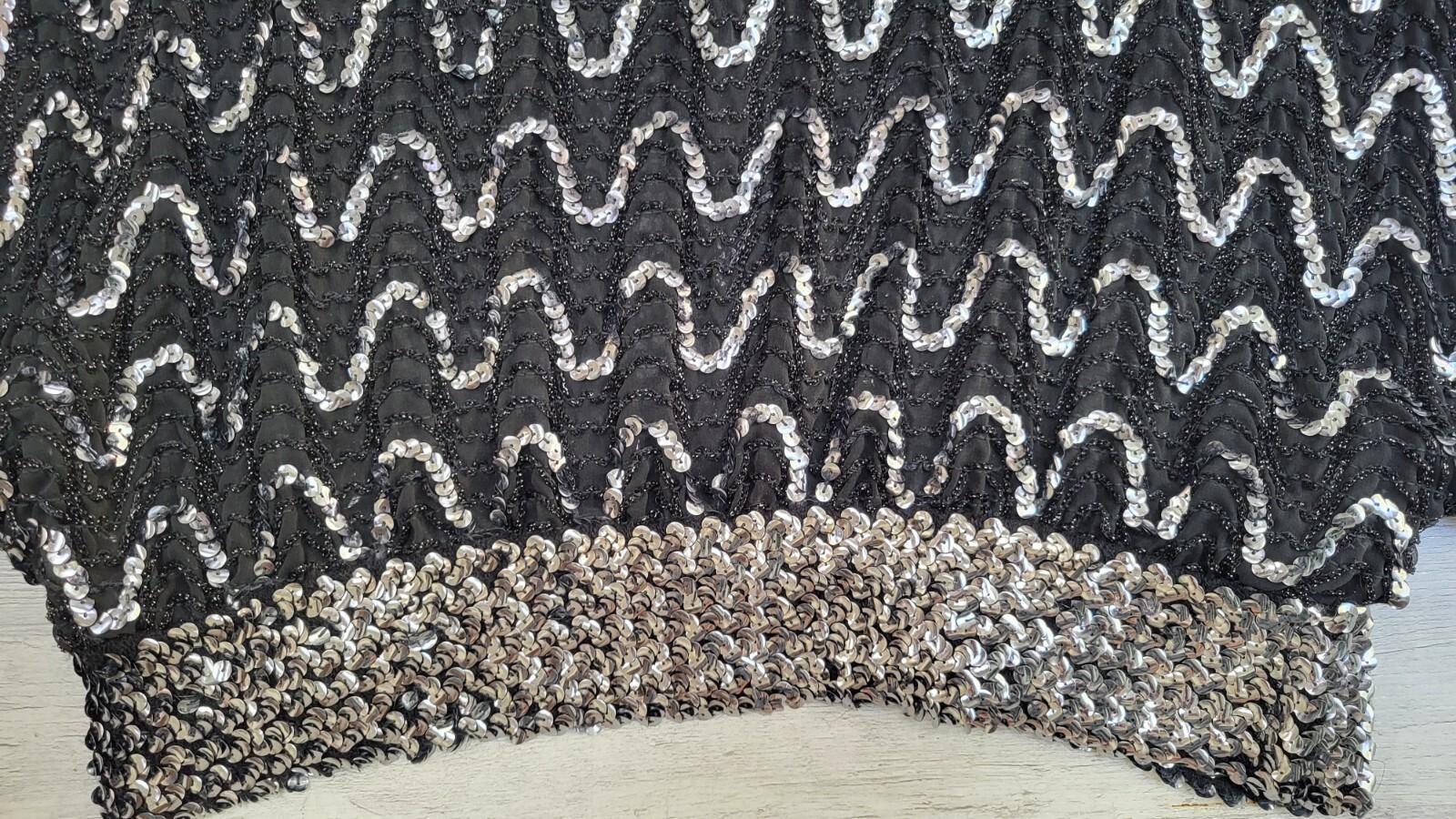 Vintage 1970s Black Silver Sequin Semi Sheer Balloon Sleeve Top – Size S/M