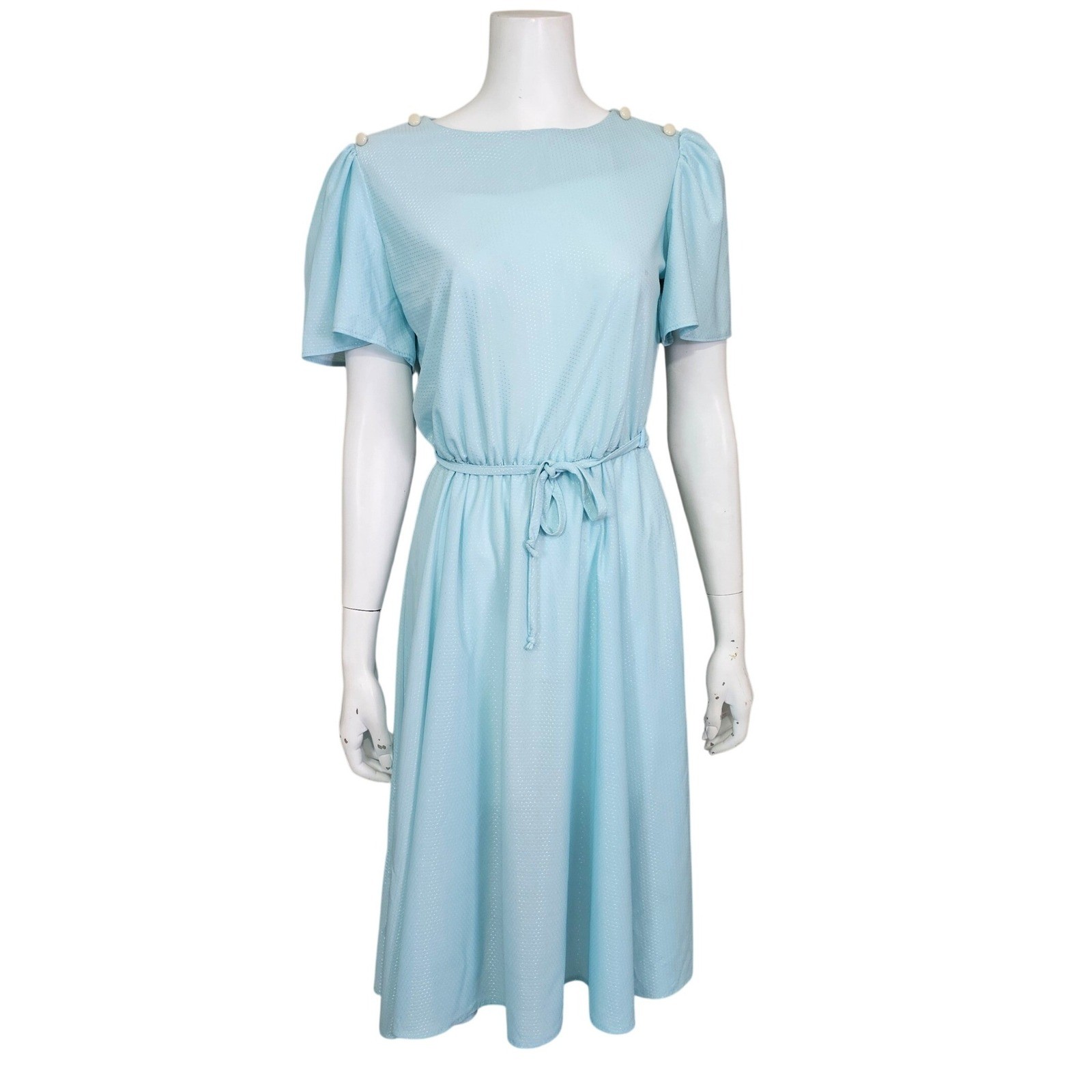 Vintage 70s 80s Baby Blue Disco Dress Midi Flutter Sleeve Secretary Glam M