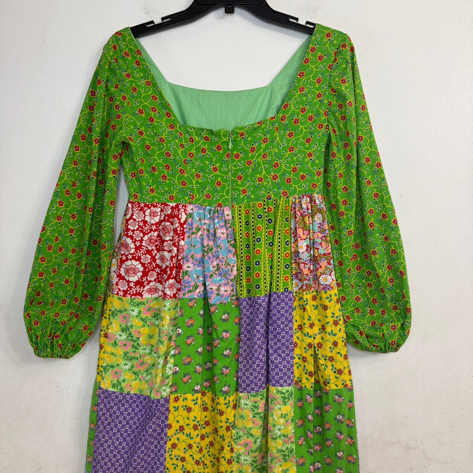 Vtg Mountain Artisans Patchwork Maxi Hippie Dress Floral Boho Green Pink Size 8