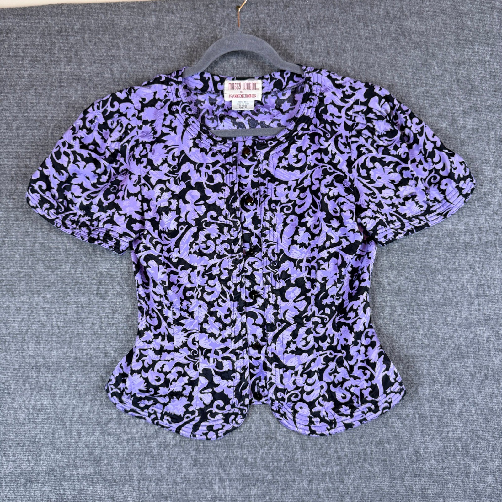 Maggy London Silk Peplum Blouse Vintage 1980s Jeannenen Booher Purple Black 4361