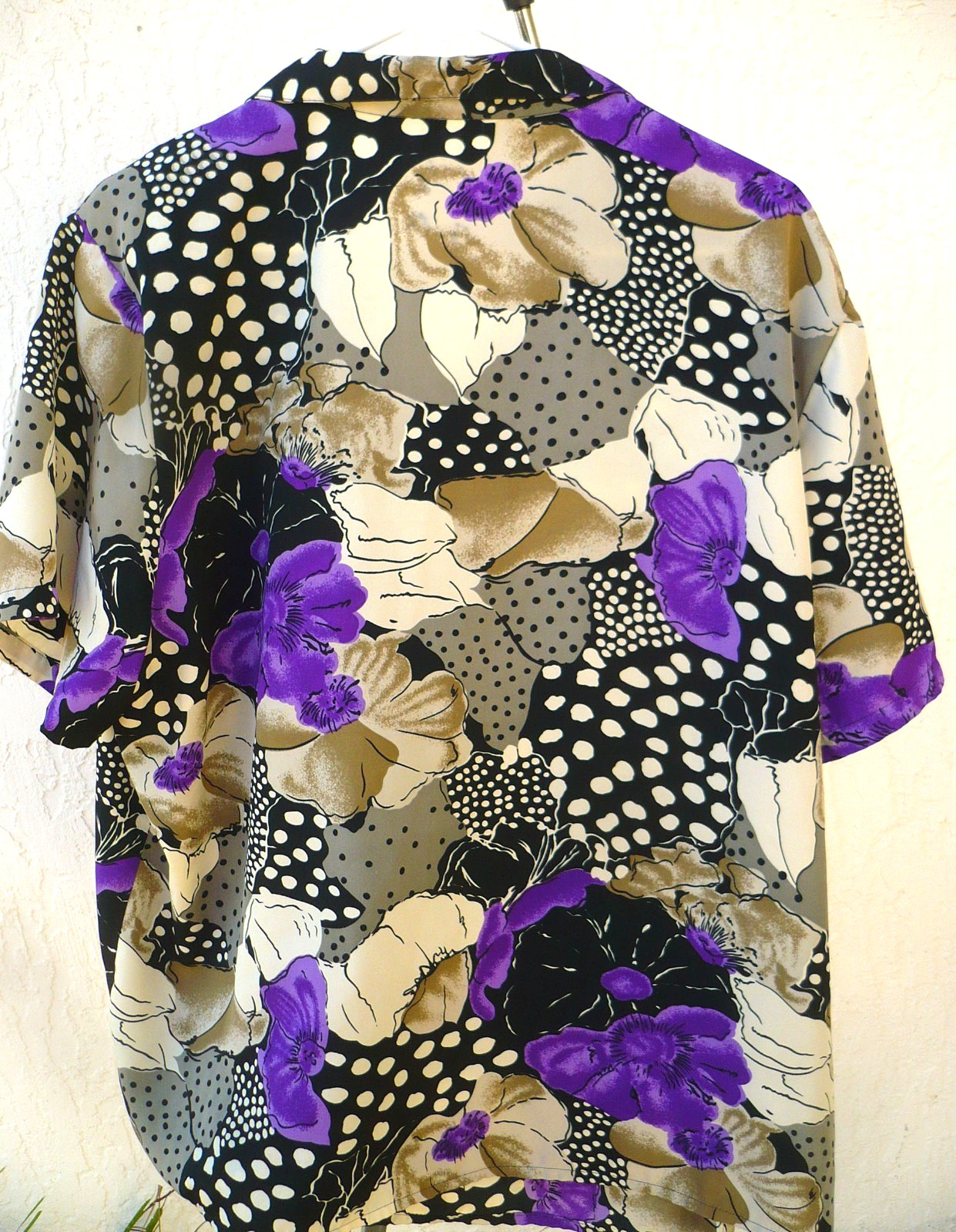 VTG 80S 2X PLUS PURPLE FLORAL BLACK WHITE DOT MIXED PRINT SILKY SHIRT BLOUSE TOP