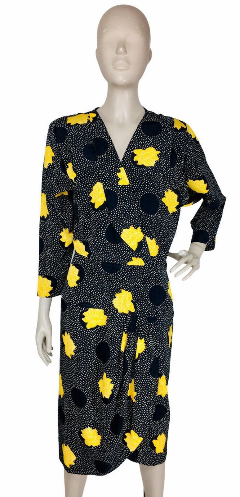 Vintage 60s 70s Black Yellow Floral Circle Polka Dot Surplice Sheath Dress S.M