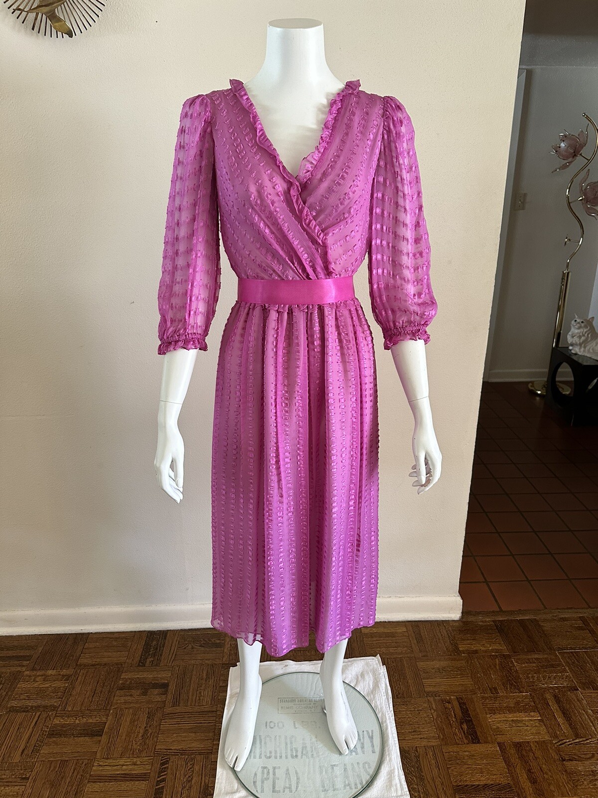 1980s Neiman Marcus Pink Sheer Ruffle Wrap Dress Ribbon Belt Petite Vintage