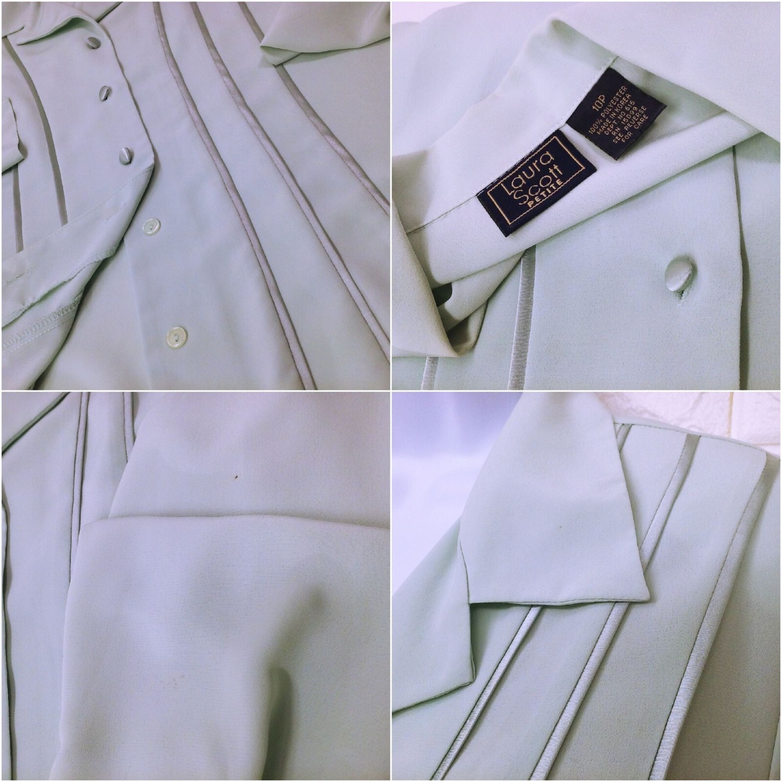 Vintage 90s Laura Scott Petite Blouse -10P Satin Stripe Power Shoulder Mint