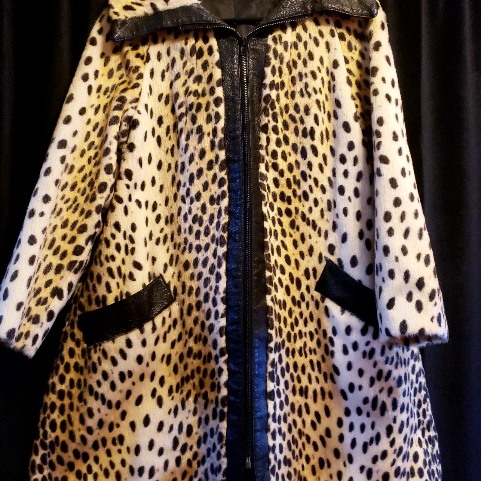 Sportowne Safari Faux Fur Leopard Print Coat S Beige Black Vintage