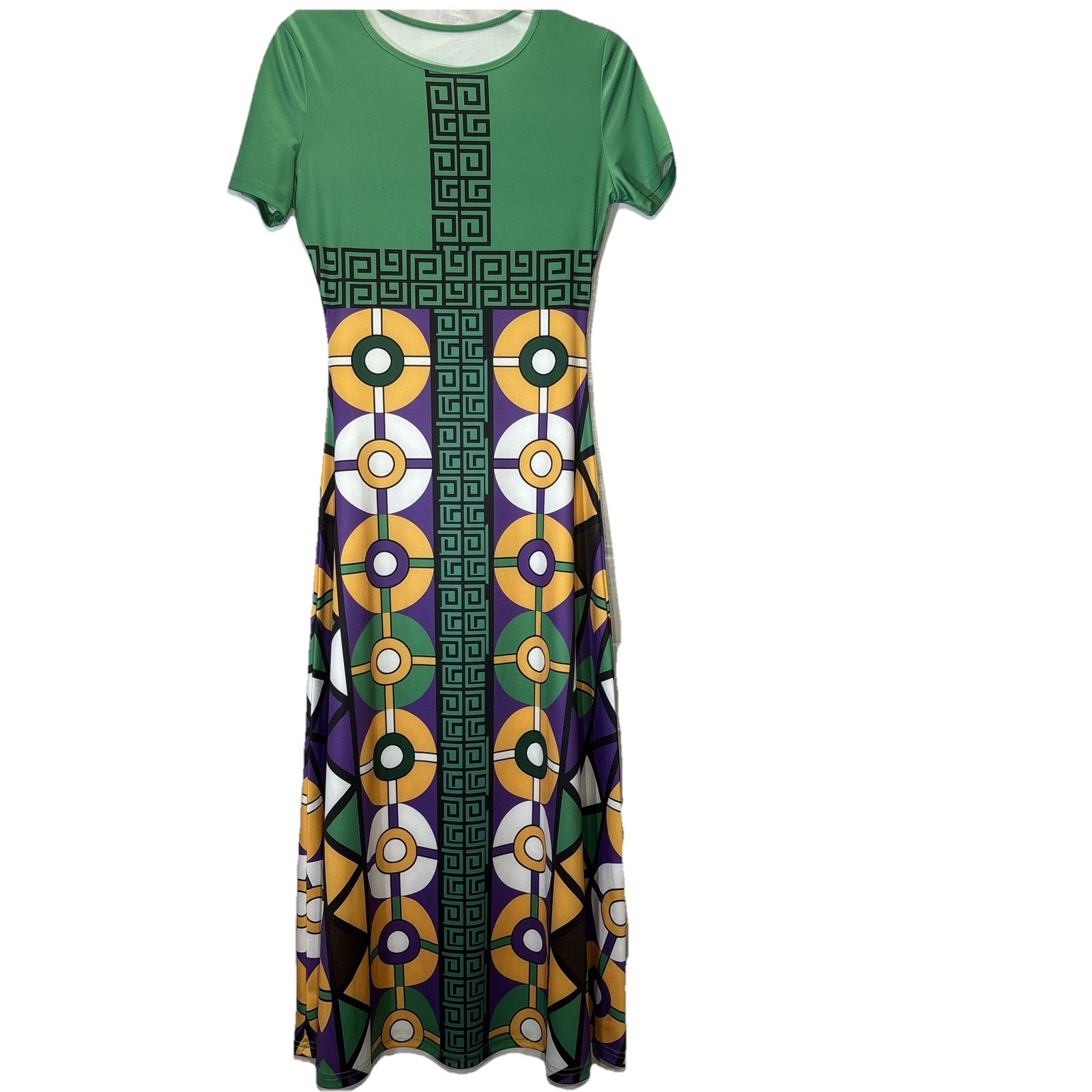 Vtg dress unbranded wth a mardi Gras style/coloful maxi green knit Sz S
