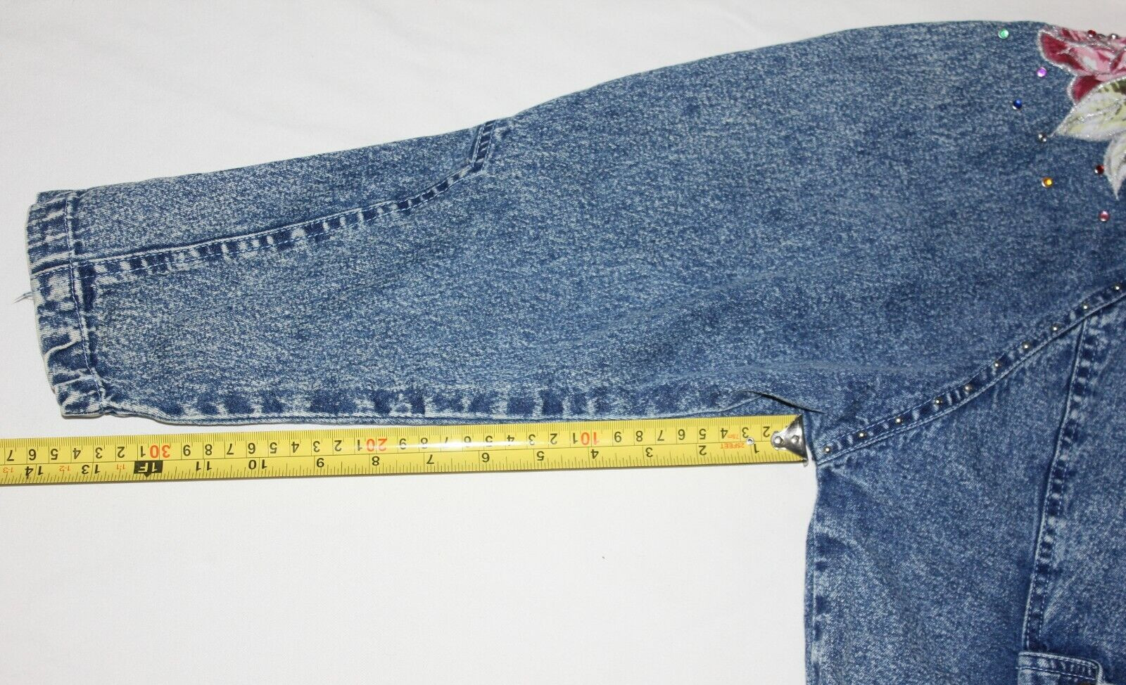 Vintage Denim 1980s Studded ladies M Jean Jacket floral bedazzle blue 90s floral