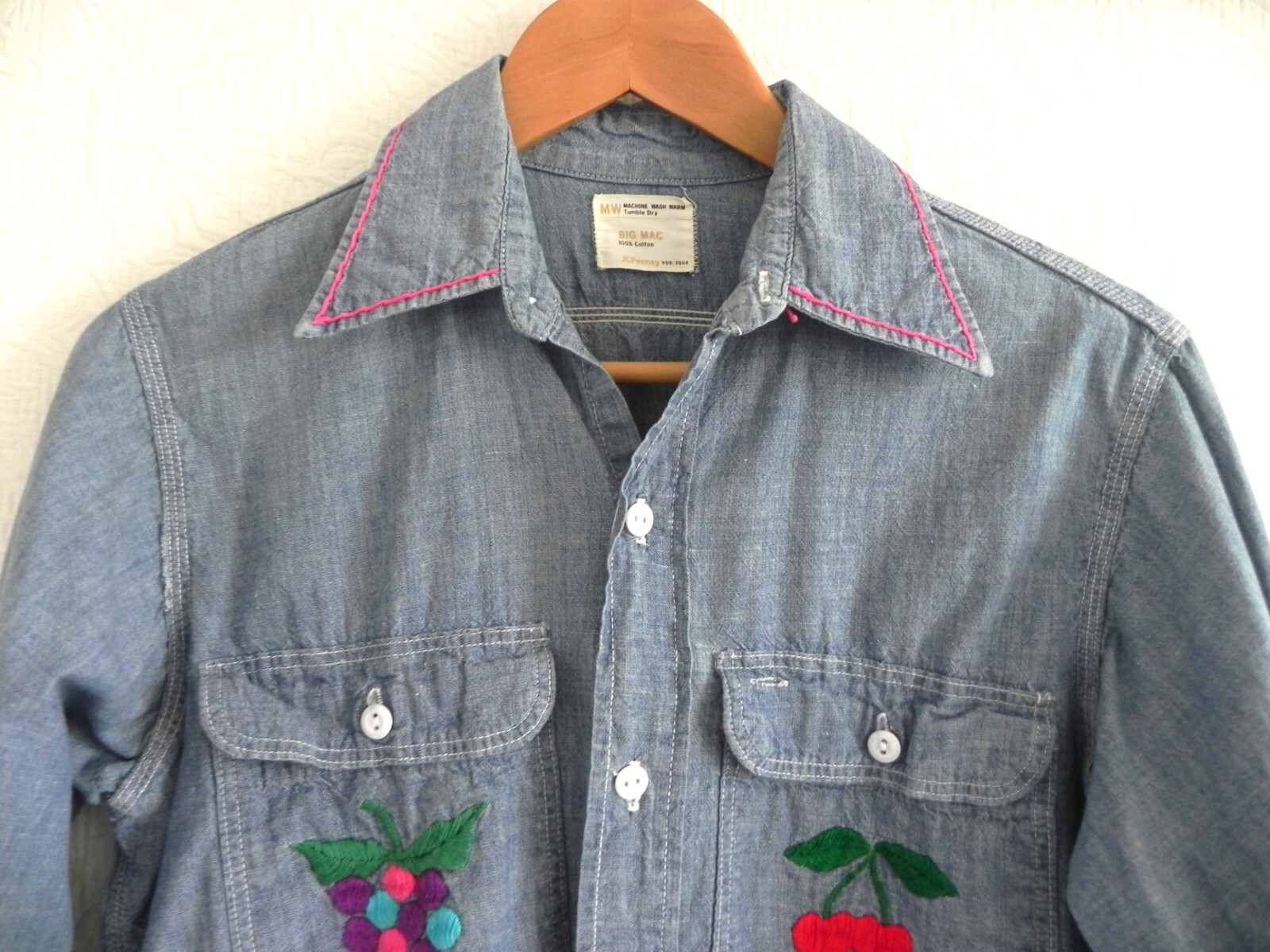 Vtg JC Penny Big Mac Button Up Shirt Long Sleeve 100% Cotton Embroidery Size L