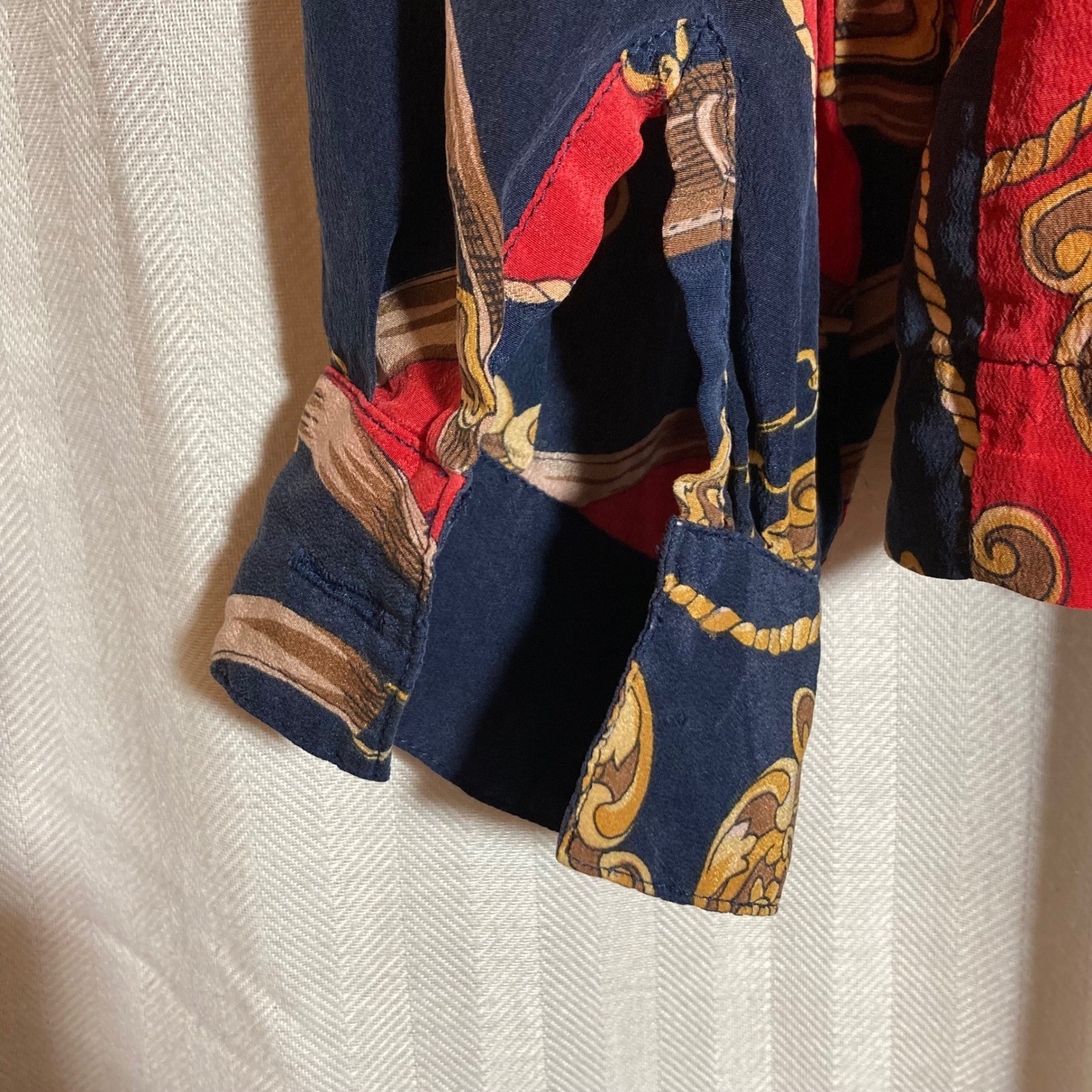 Stephanie Andrews Vintage Equestrian Scarf Print Blouse Navy Red Gold Medallion