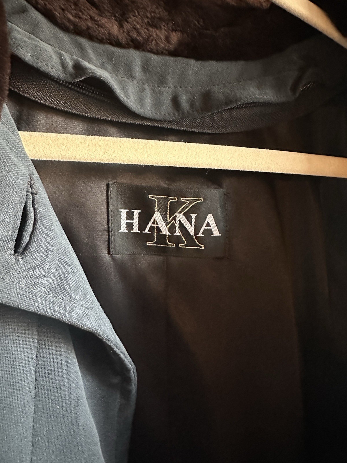 Vintage 90s HANA USA Long Teal Coat Fur Collar Soutache Trim S