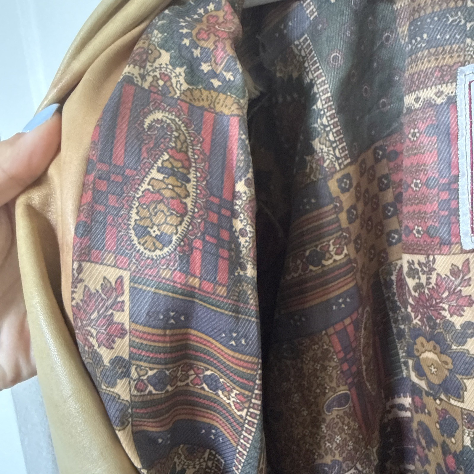 Vintage 70s/80s Tan Leather Jacket Sz S Oversized Ruched Shoulders Knot Details