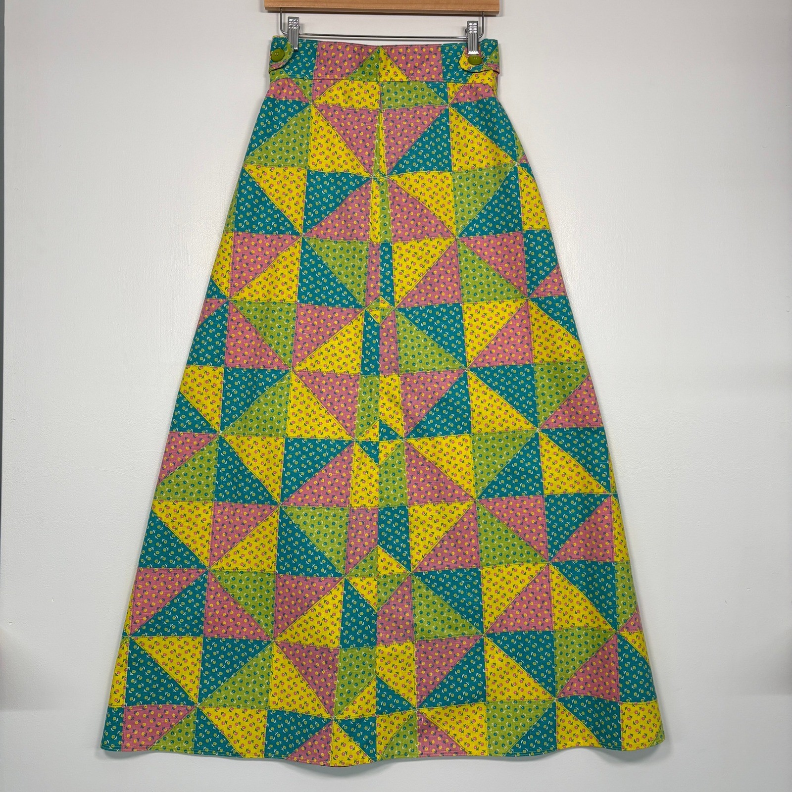 Handmade Women Maxi Skirt M Multicolor Vintage Patchwork Floral 70s Quilt Aline