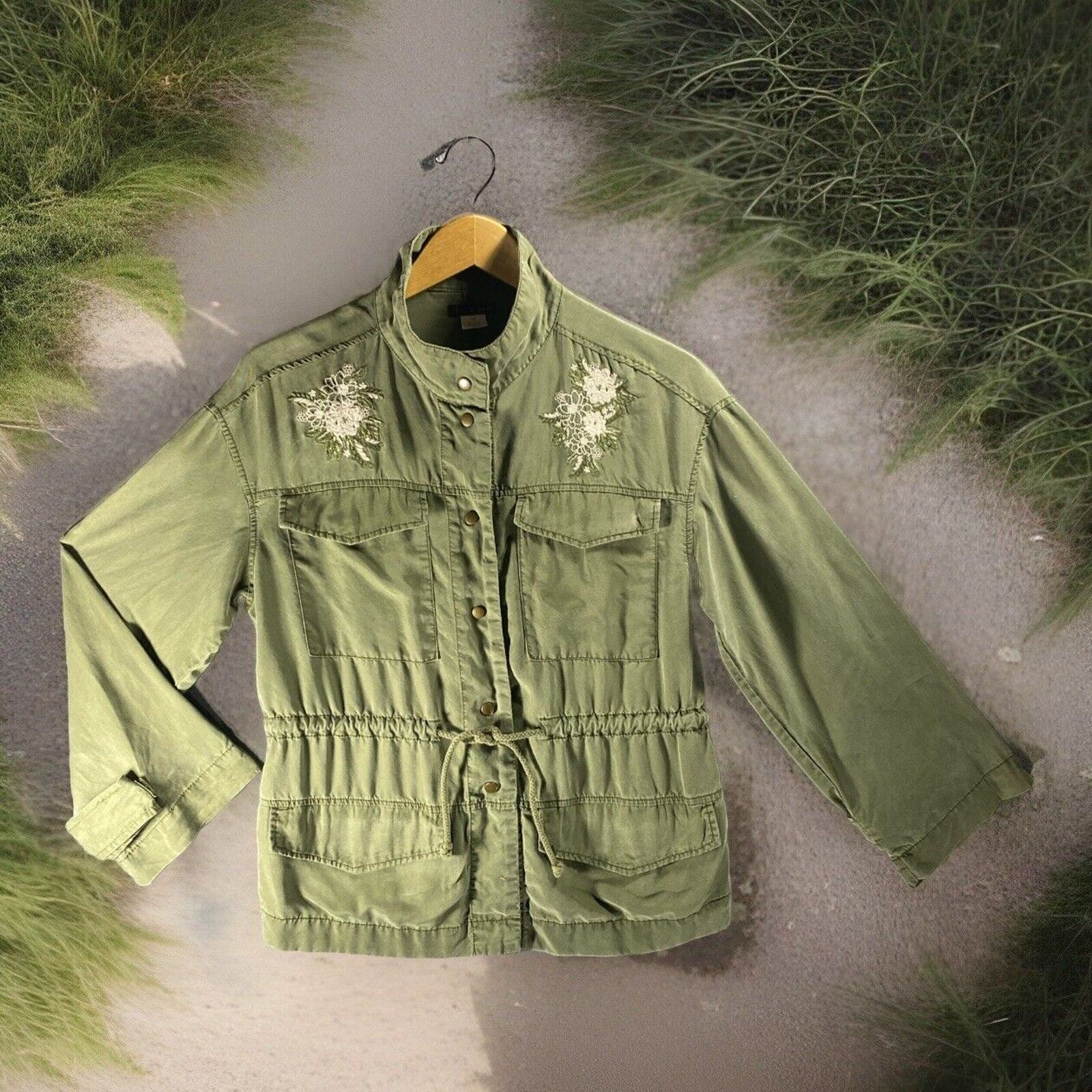 VTG Y2K Women’s Utility Cargo Jacket Medium Army Green Cinched Waist Embroidered