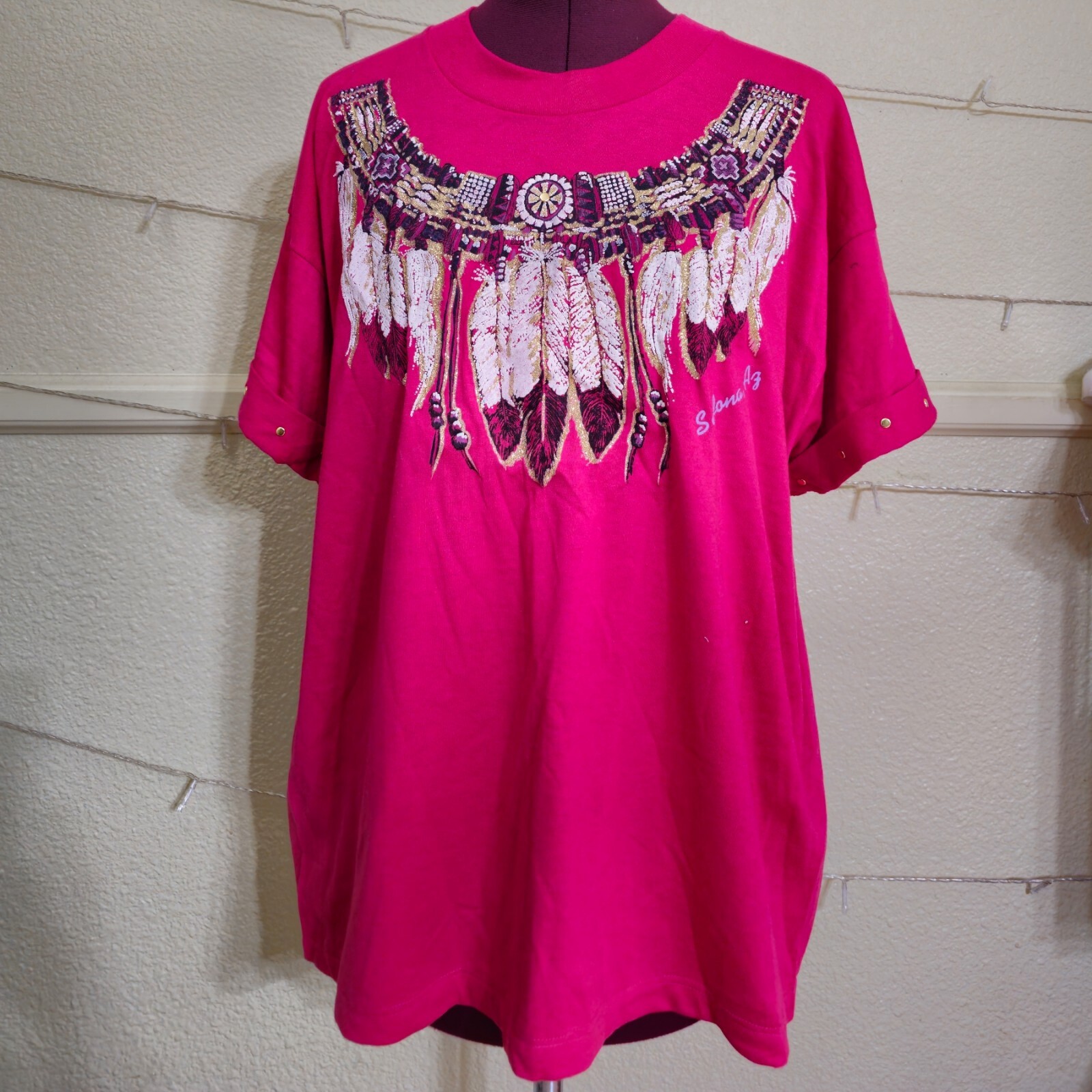 Women’s Vintage 90’s Native American Sedona, AZ Red & Gold Glitter Tshirt XL