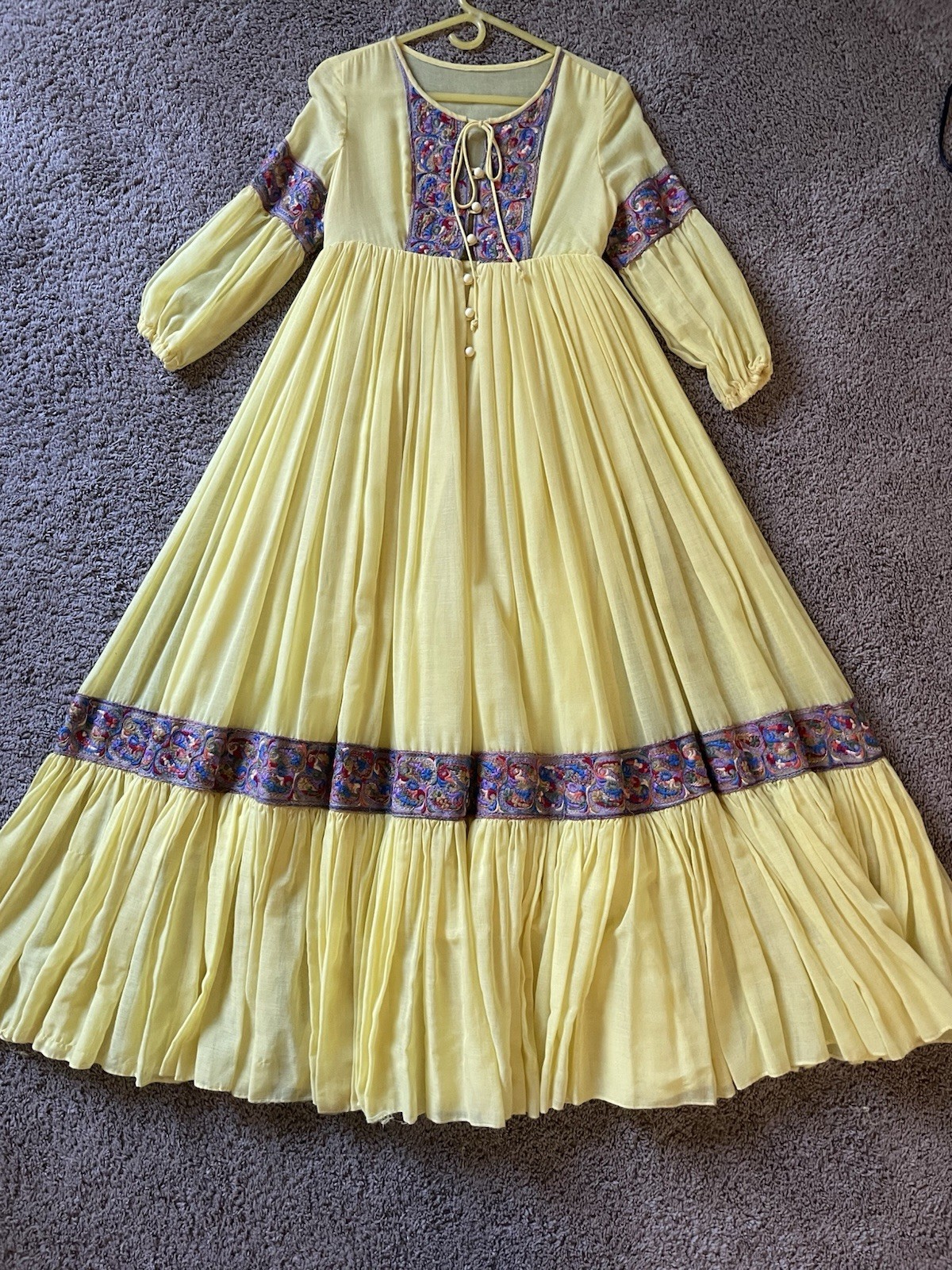 Vintage 70s Beverly Paige Yellow Cotton Gauze Boho Maxi Dress Embroidered Hippie