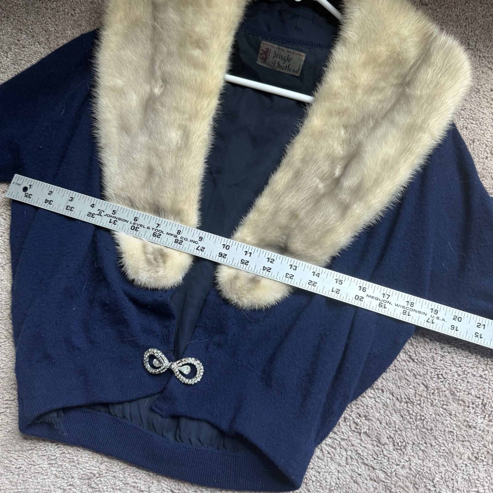 Vtg 1950’s Pringle of Scotland Cashmere Cardigan Mink Fur Collar Navy Womens S/M