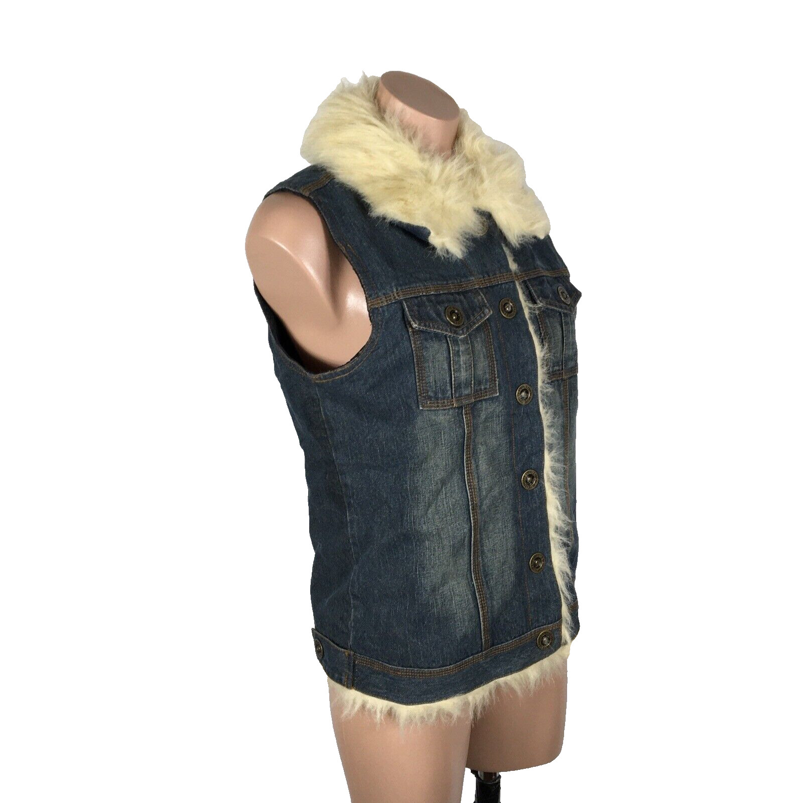 Blue Asphalt Dark Denim Vest Faux fur trim nylon interior VTG 90s y2k Grunge M