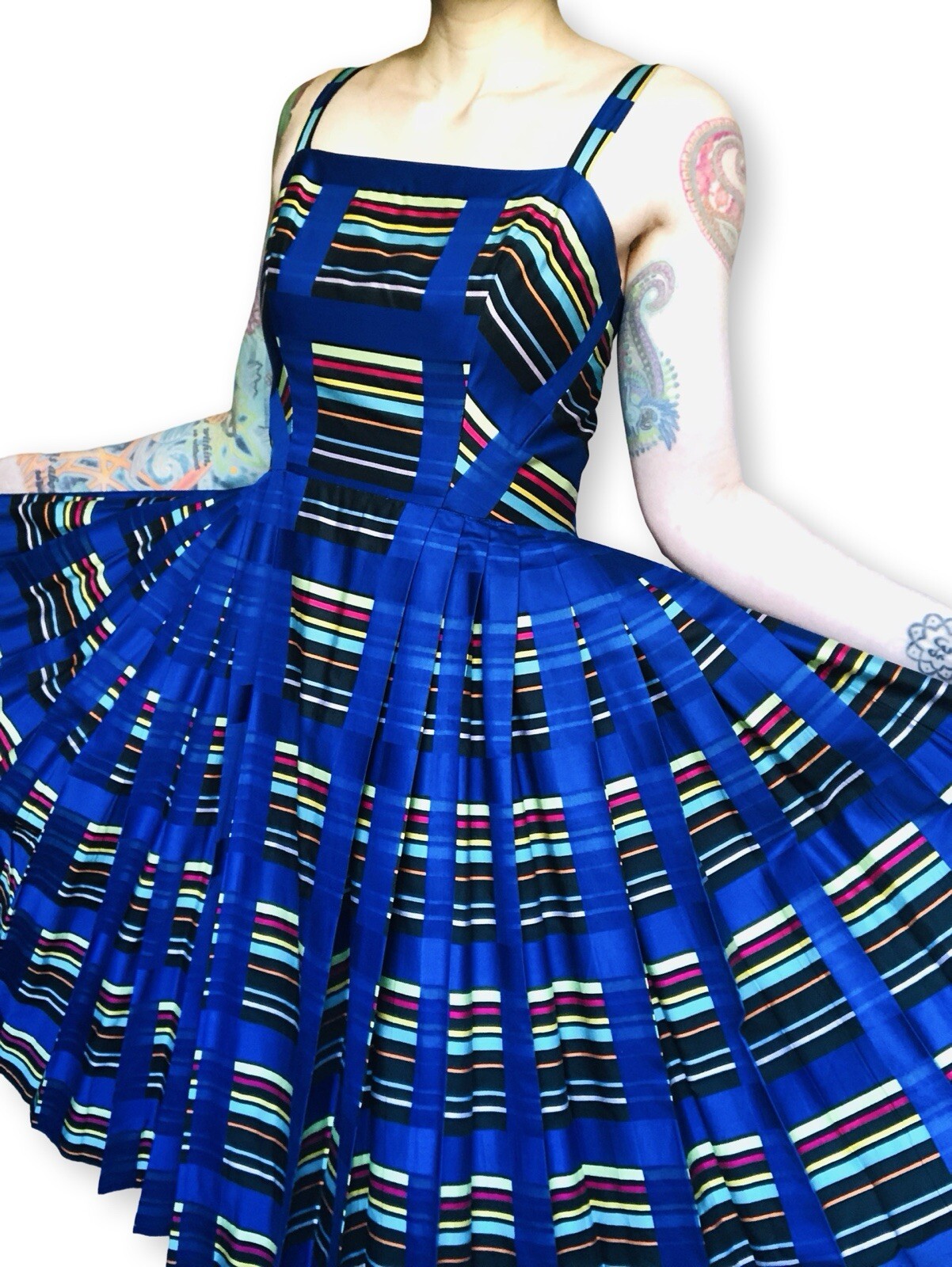 Vintage 1950s 50s Rainbow Striped Blue Cotton Pleated Dress Sundress Small
