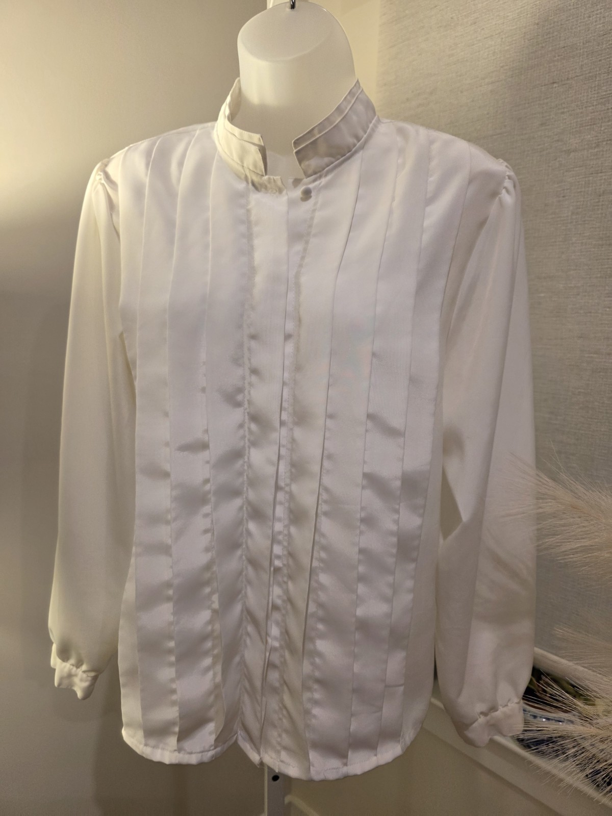 VTG Satin White High Collar Tuxedo Style Victorian Look Blouse Sz. 12