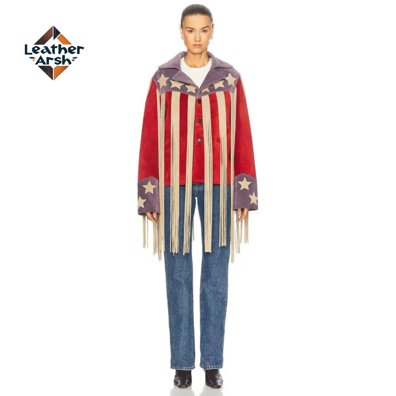 Unisex Western Fringe Suede Leather Jacket Vintage Cowboy Star Rodeo Style Coat