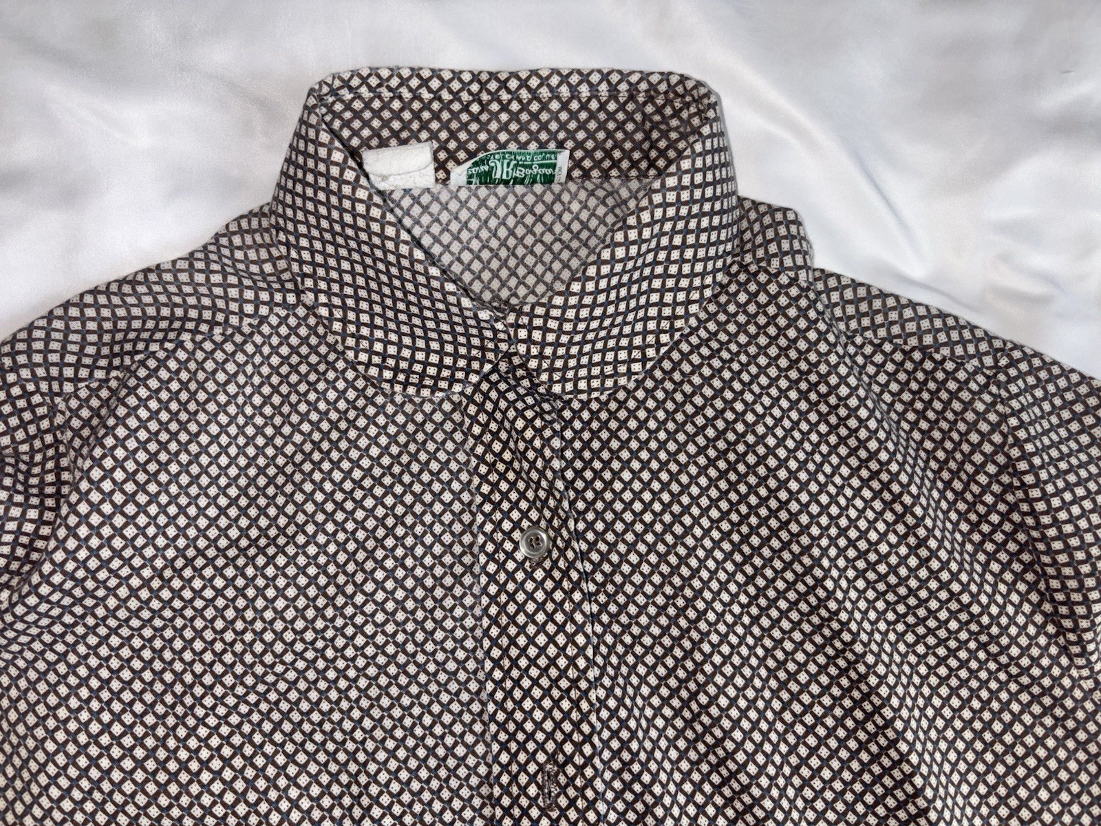 Sears JR Bazaar vintage blouse Top white Gray Geometric Rounded Collar Poly sz *