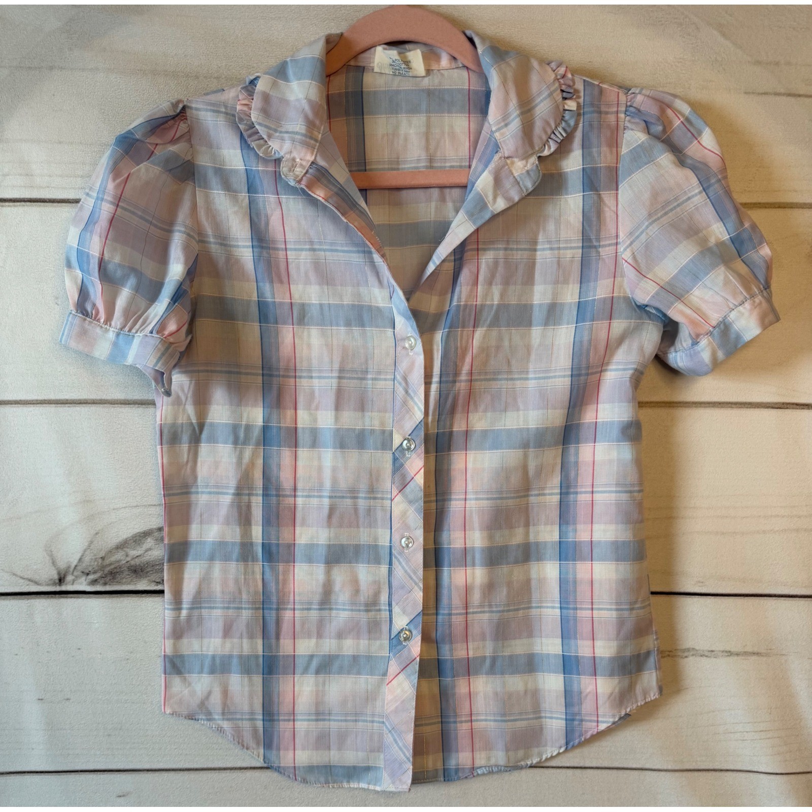 Vintage Shirt Accent Pastel Plaid Ruffle Collar Puff Sleeve Blouse Gold Lurex 32