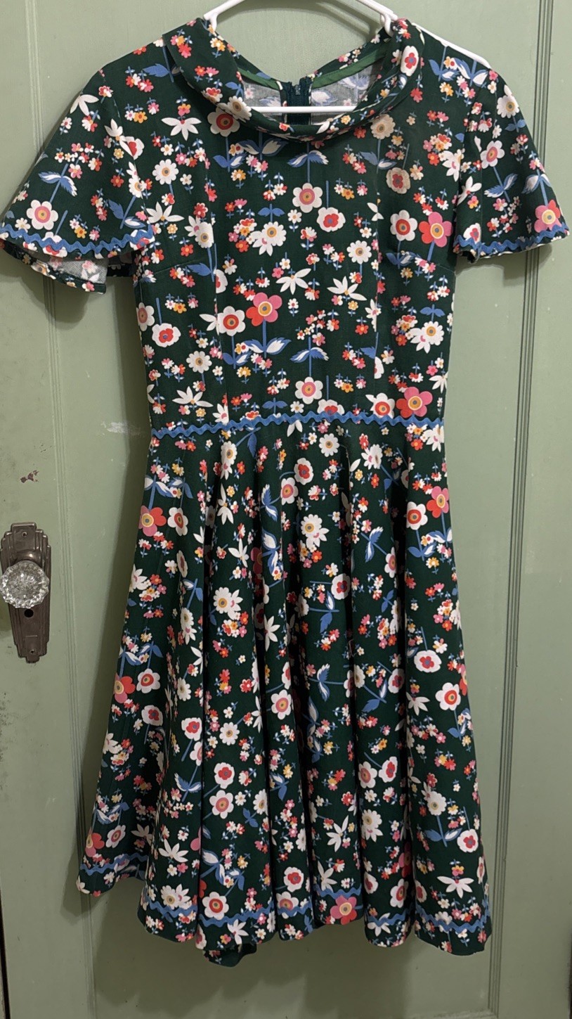 Vintage Floral Dress 18.5 Ptp 14 Waist 39.5 Length 1950s Blue Ribbon Piping