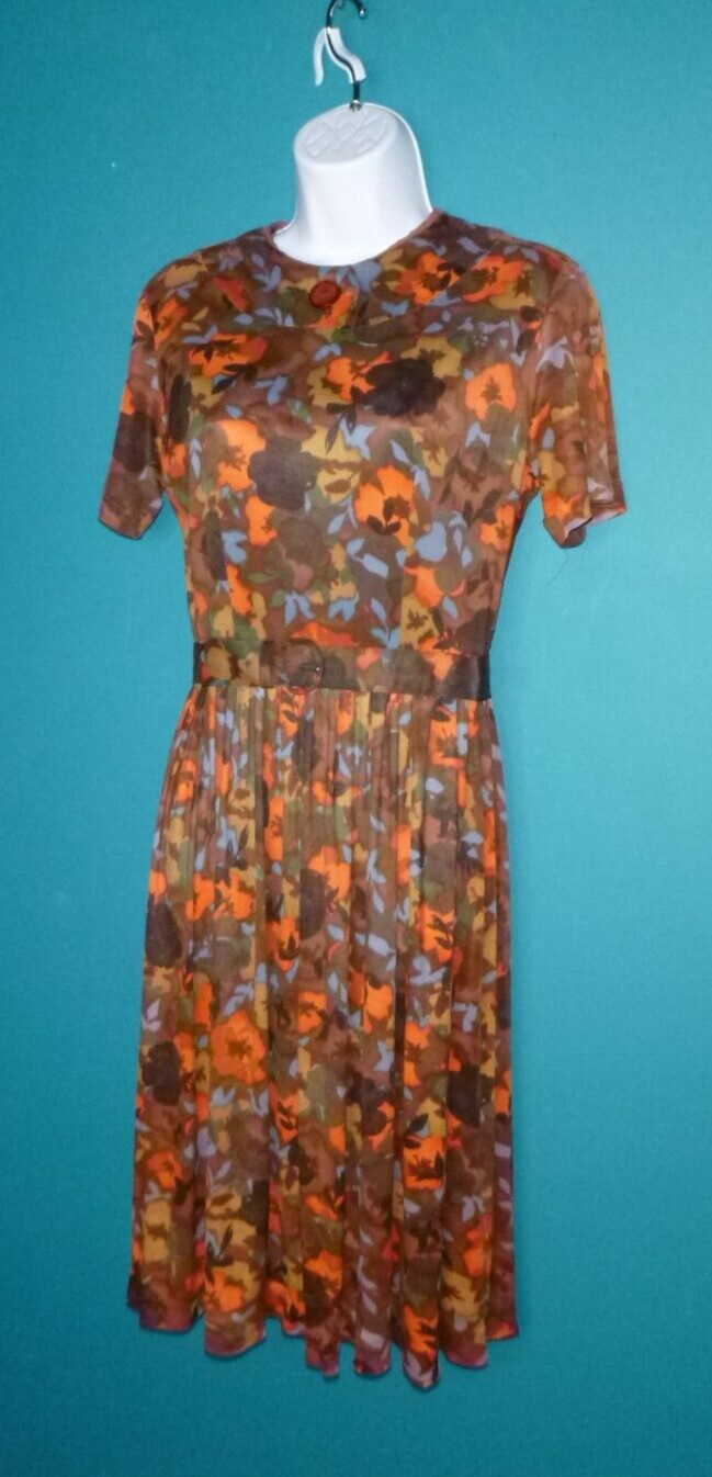 Vtg 60s Nylon Stretch Fabric Dress Multi Color Brown Orange Floral Sz S/M