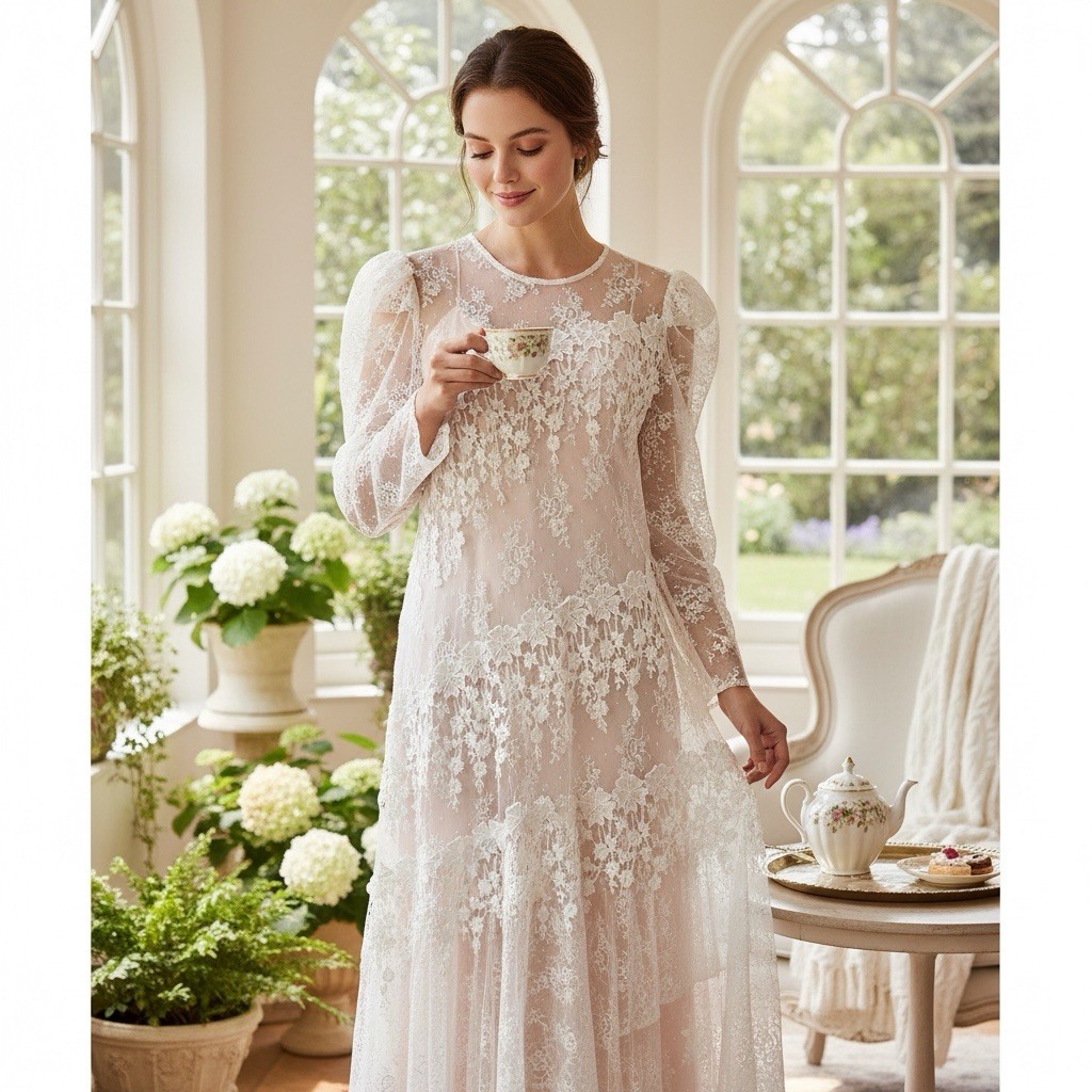 Vintage Cottagecore Lace Dress Romantic Bridal Fairytale Ruffled Pearls ML