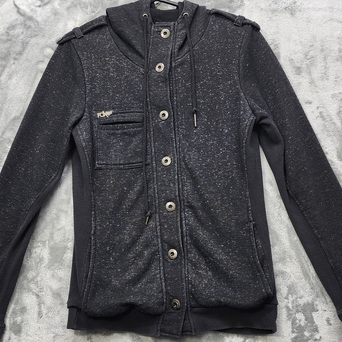 Vintage Fox Racing Jacket Women L Black Speckled Knit Button Front Hooded Casual