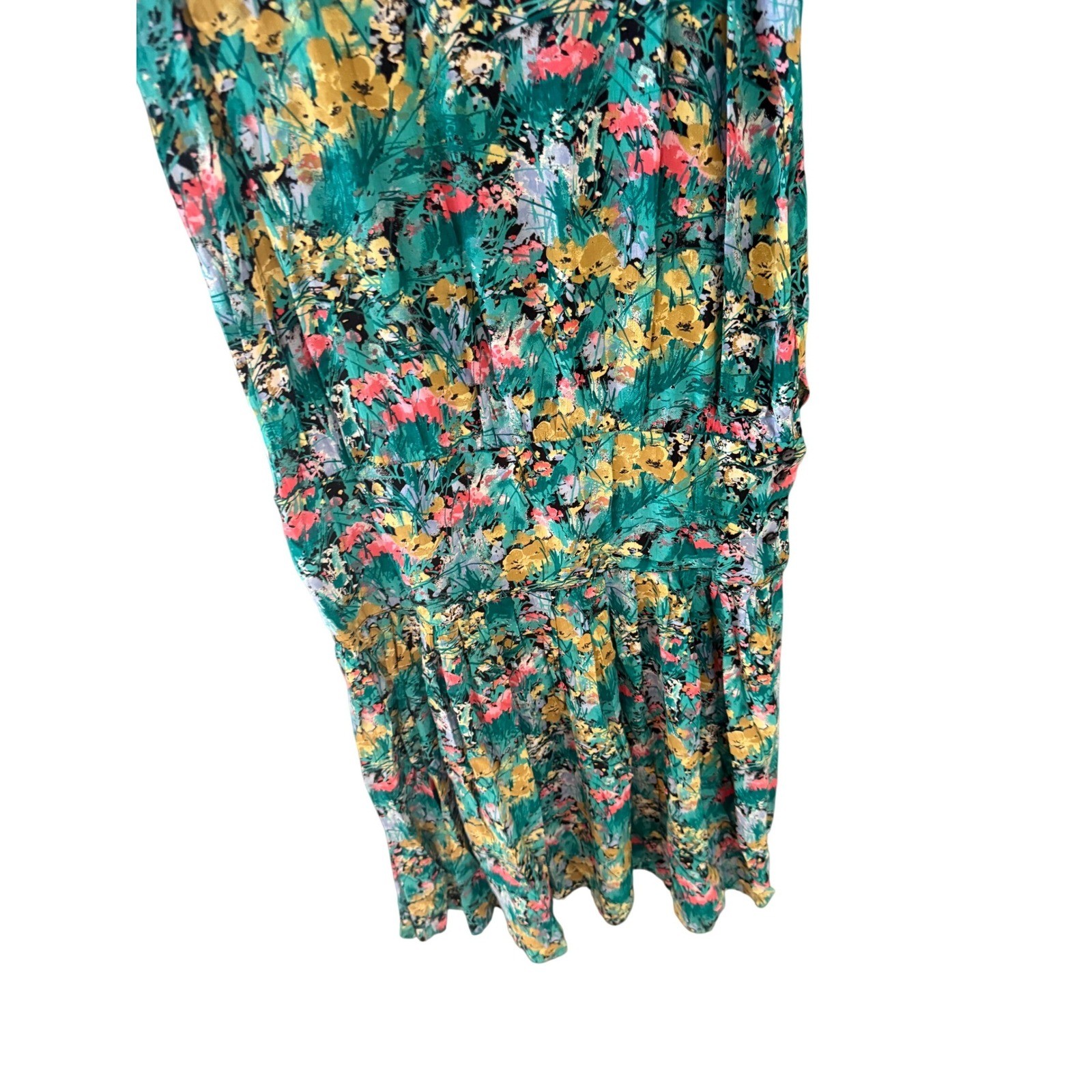 Michelle Stuart Vintage Floral Rayon Midi Dress Teal Multi Strappy Back 9/10