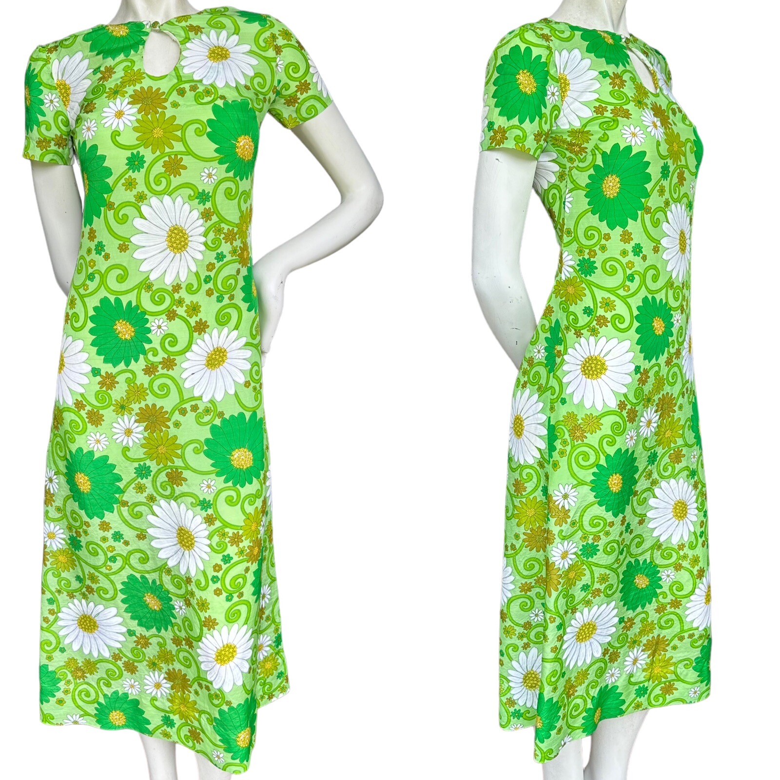 Vintage 60s 70s Handmade Floral Psychedelic Keyhole Neckline Midi Dress XS?
