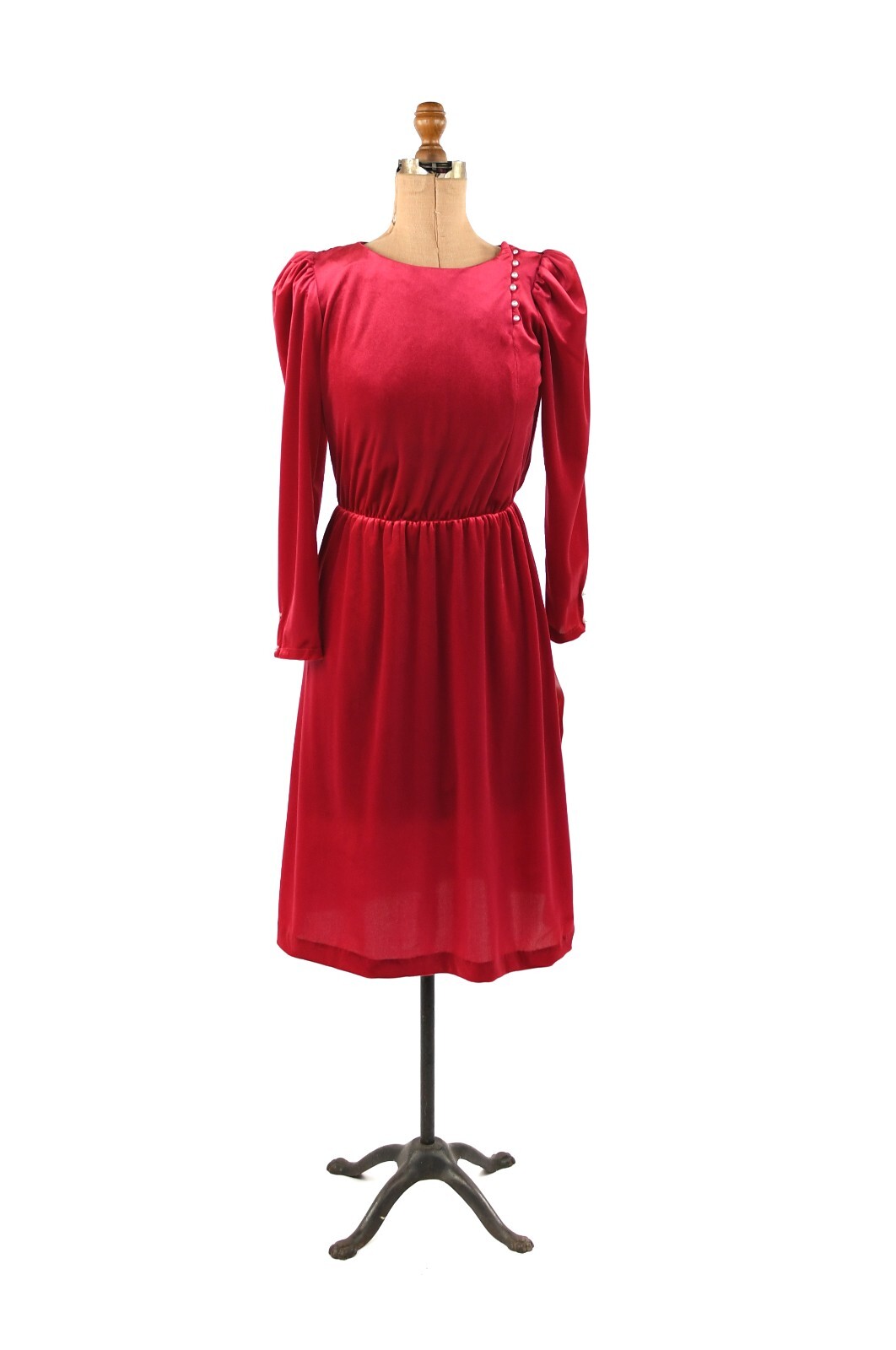 Vintage 70s Dark Pink Velvet Puff Shoulder Long Sleeve Pearl Button Dress S M